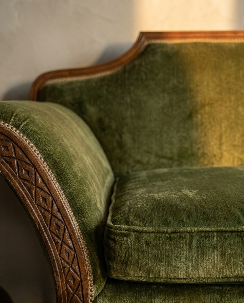 Detail of green velvet pile and carved wooden arm