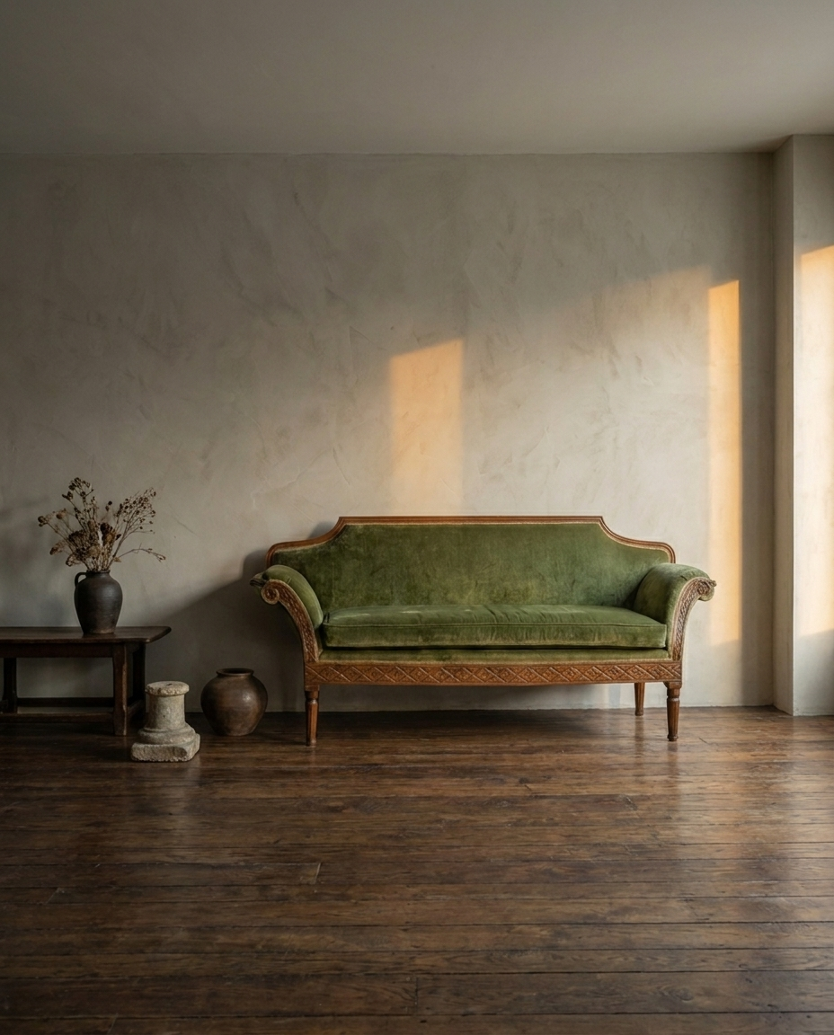 Green velvet sofa styled with antique wooden side table and dark ceramic vessel