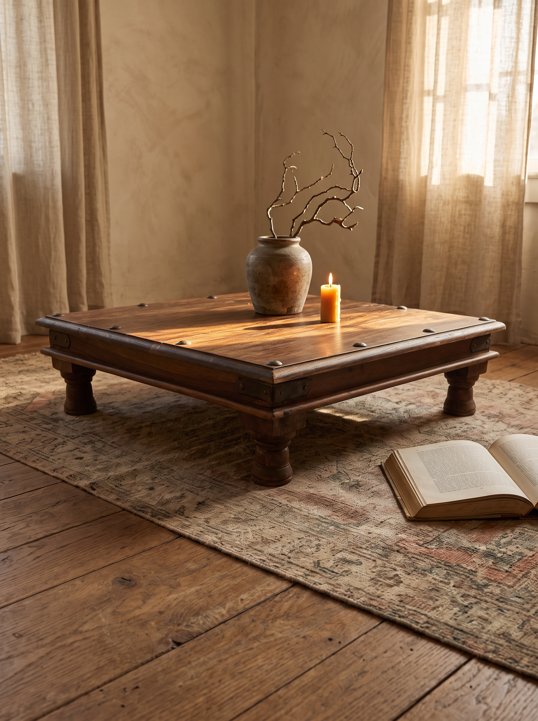 Antique iron-studded Indian bajot table in a warm plaster OE room