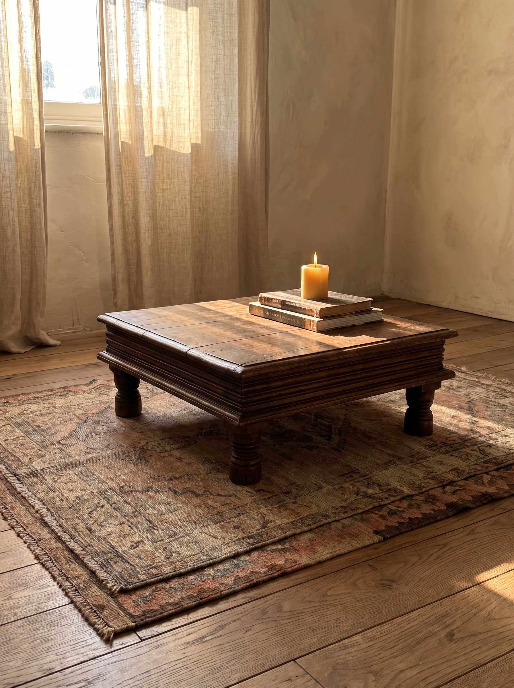Antique worn walnut Indian bajot table in a warm plaster OE room