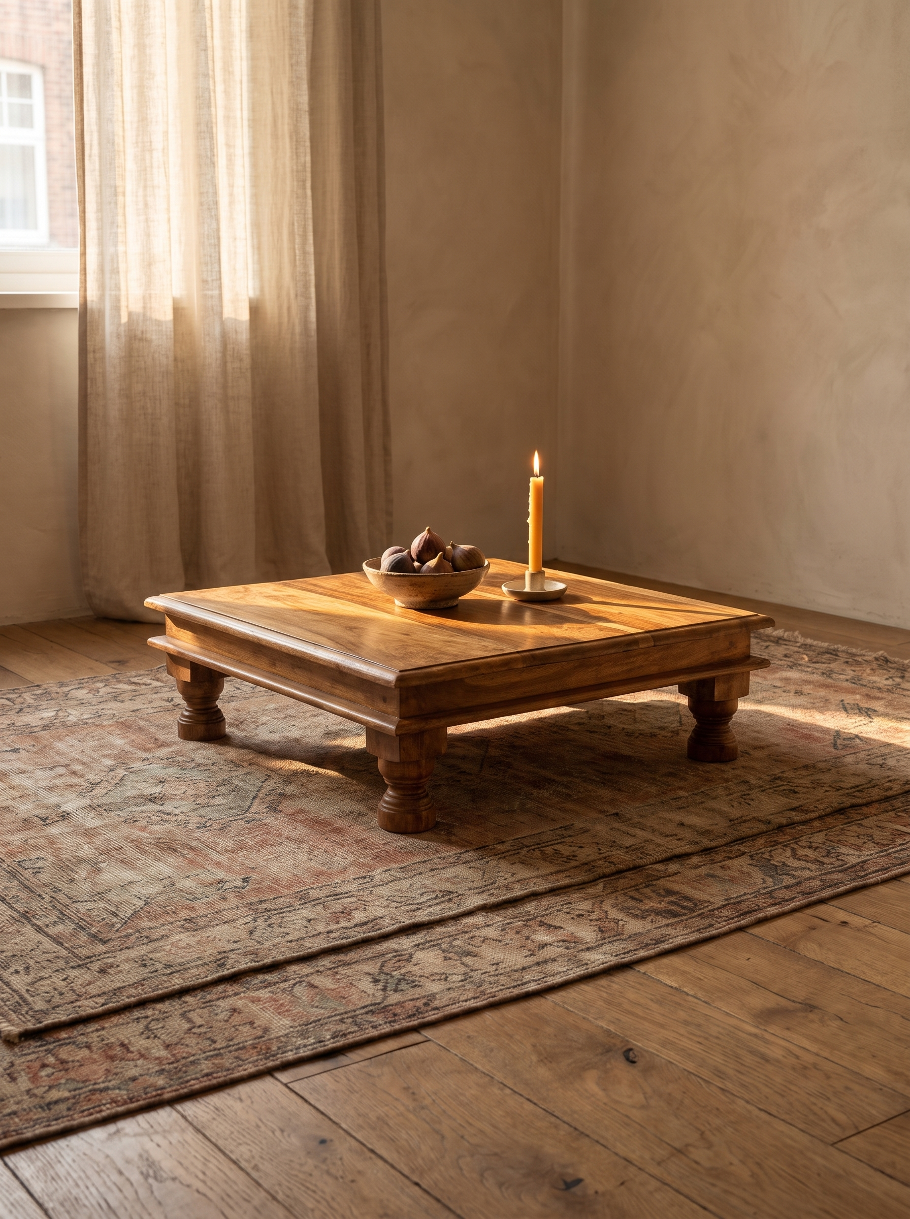 Antique honey Indian bajot table in a warm plaster OE room