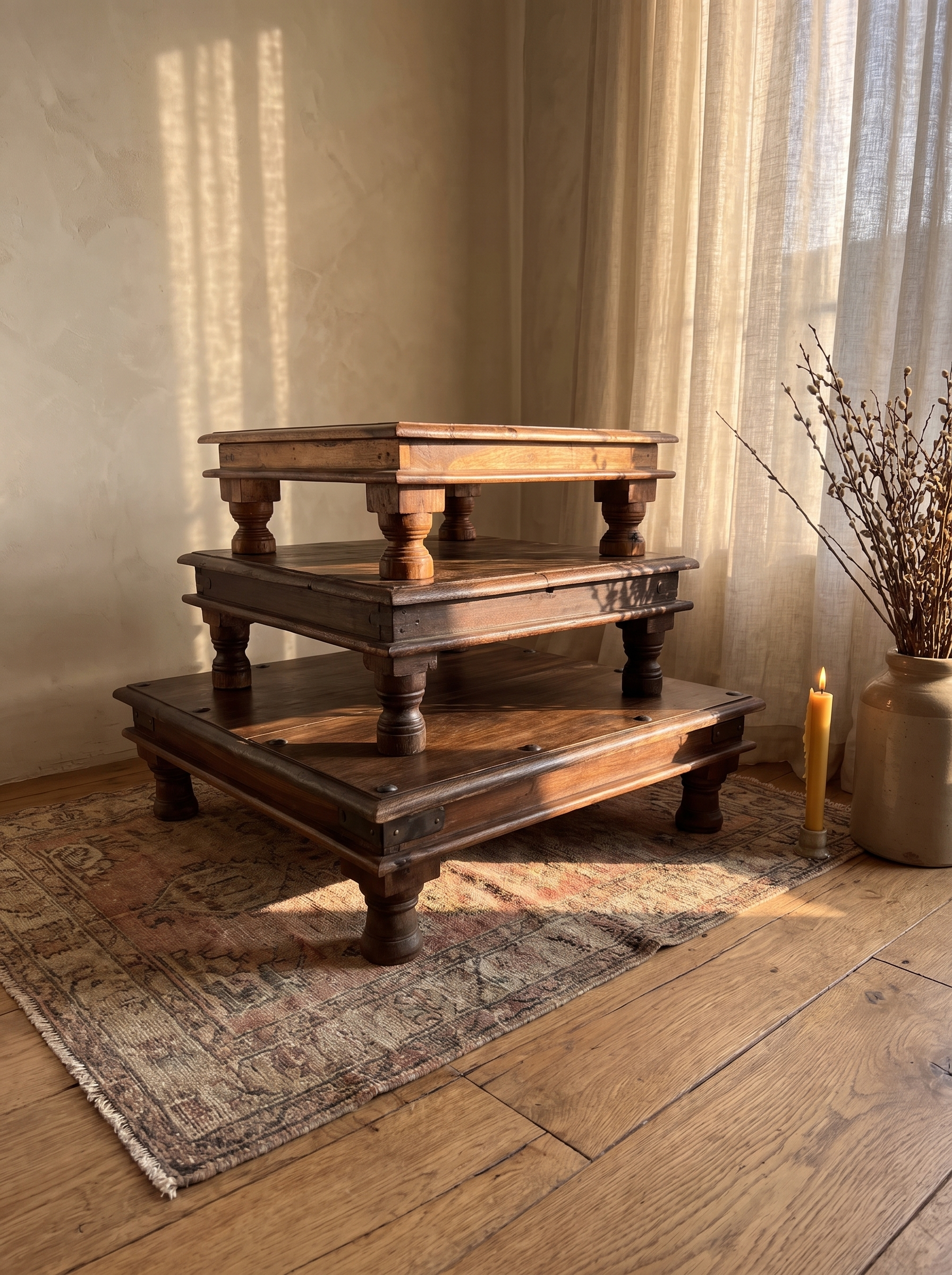 The three antique low tables stacked into a stepped tower