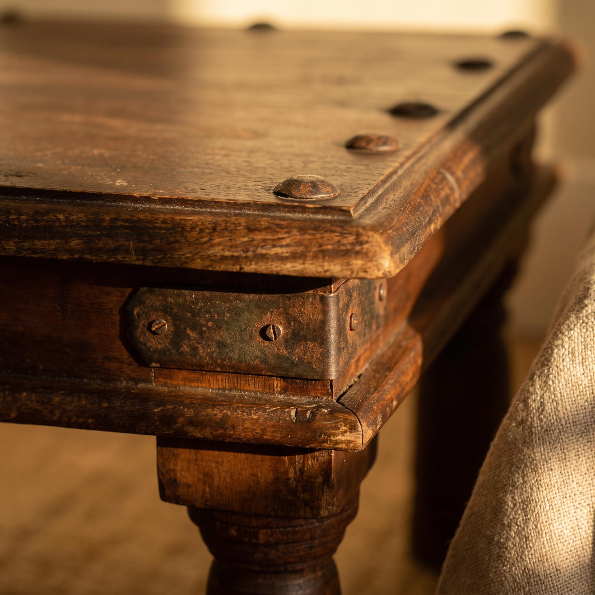 Detail of iron corner bracket and nailhead studs on the bajot table