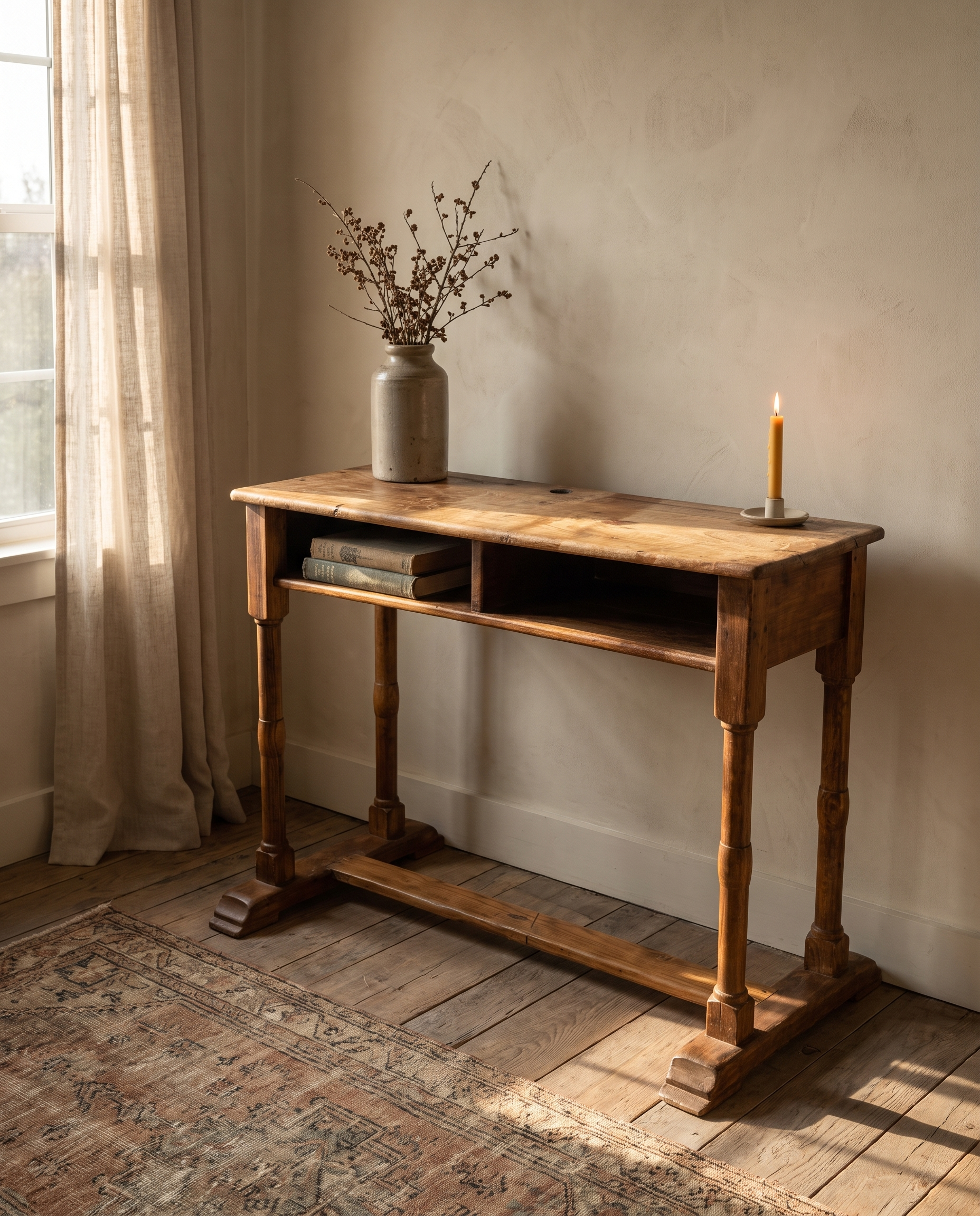 Antique wooden school desk as an entry console with stoneware vessel and candle