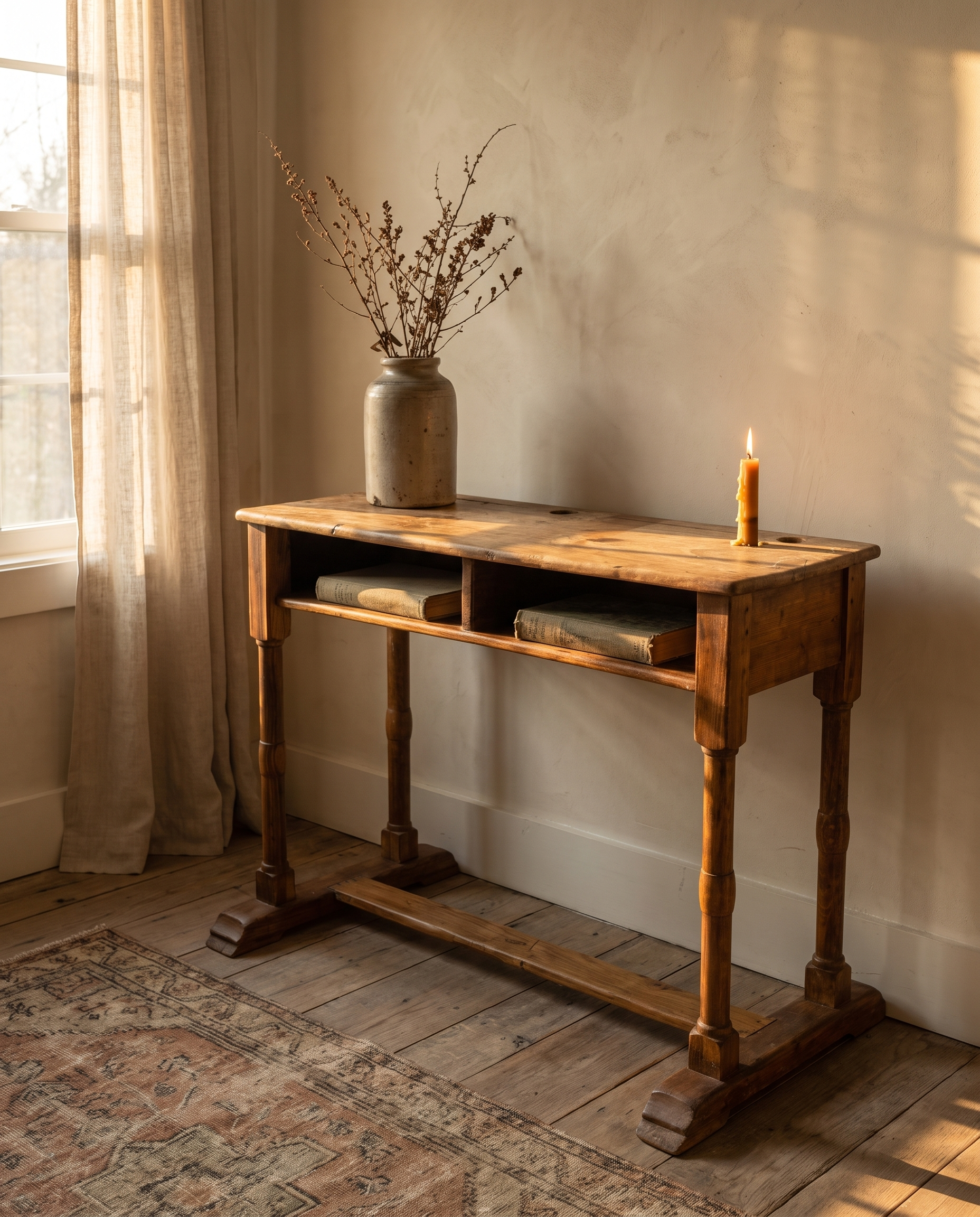 Antique wooden school desk styled in a warm room, two inkwell holes and books in the cubby