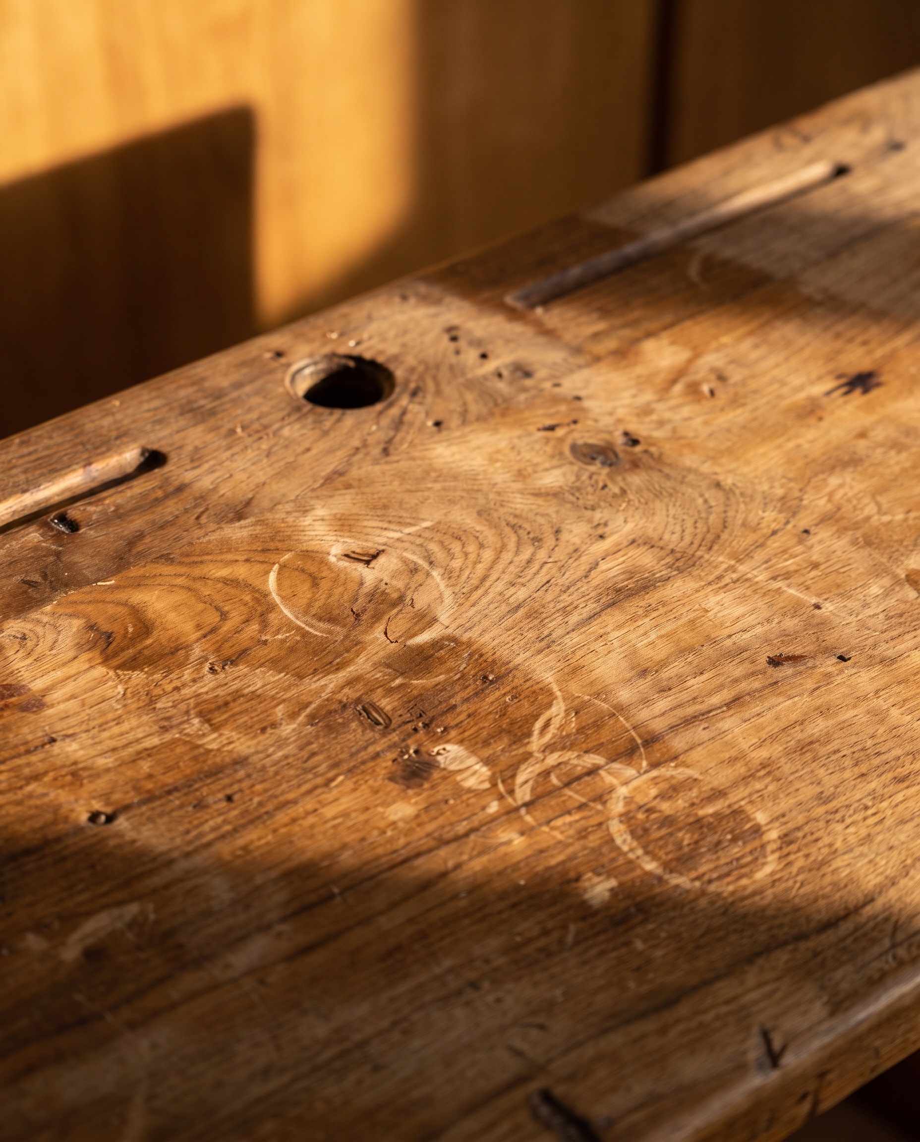 Macro of the desk top showing grain, ink marks, ring stains, and an inkwell hole