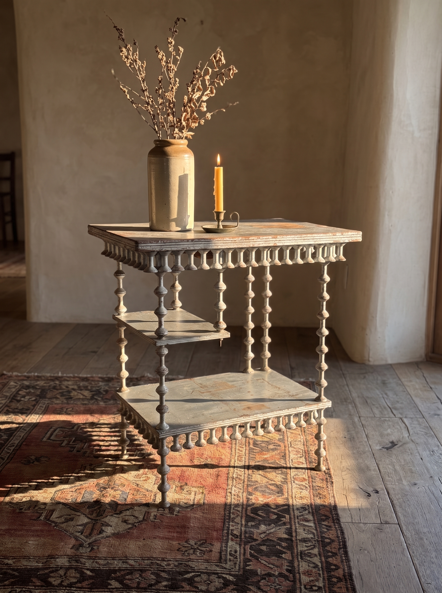 Antique spool table, dramatic-light hero on a kilim rug