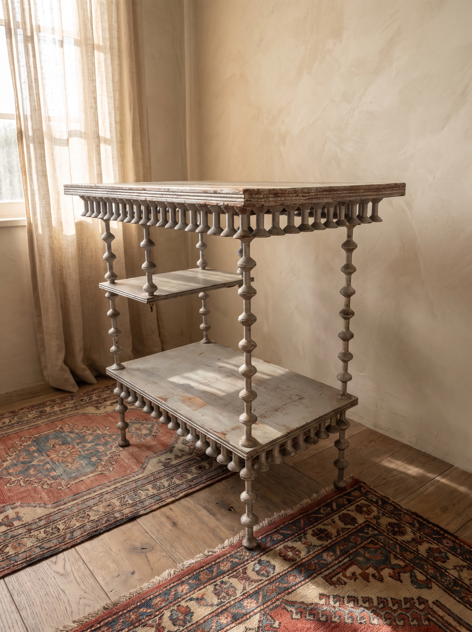 Antique spool table, three-quarter view showing both shelves