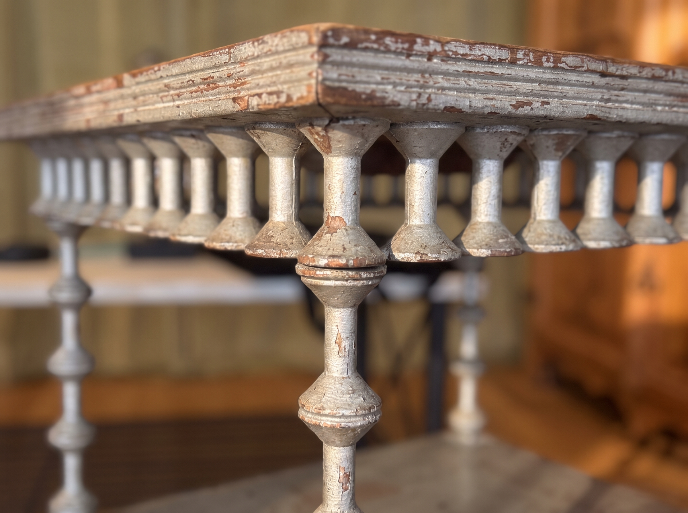 Antique spool table, spool gallery and turned leg detail