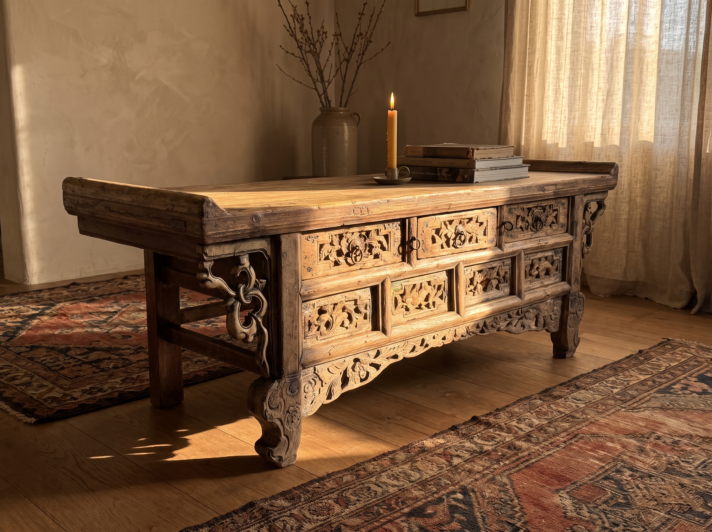 Side three-quarter view of the antique elm altar table with warm sun across the carved apron