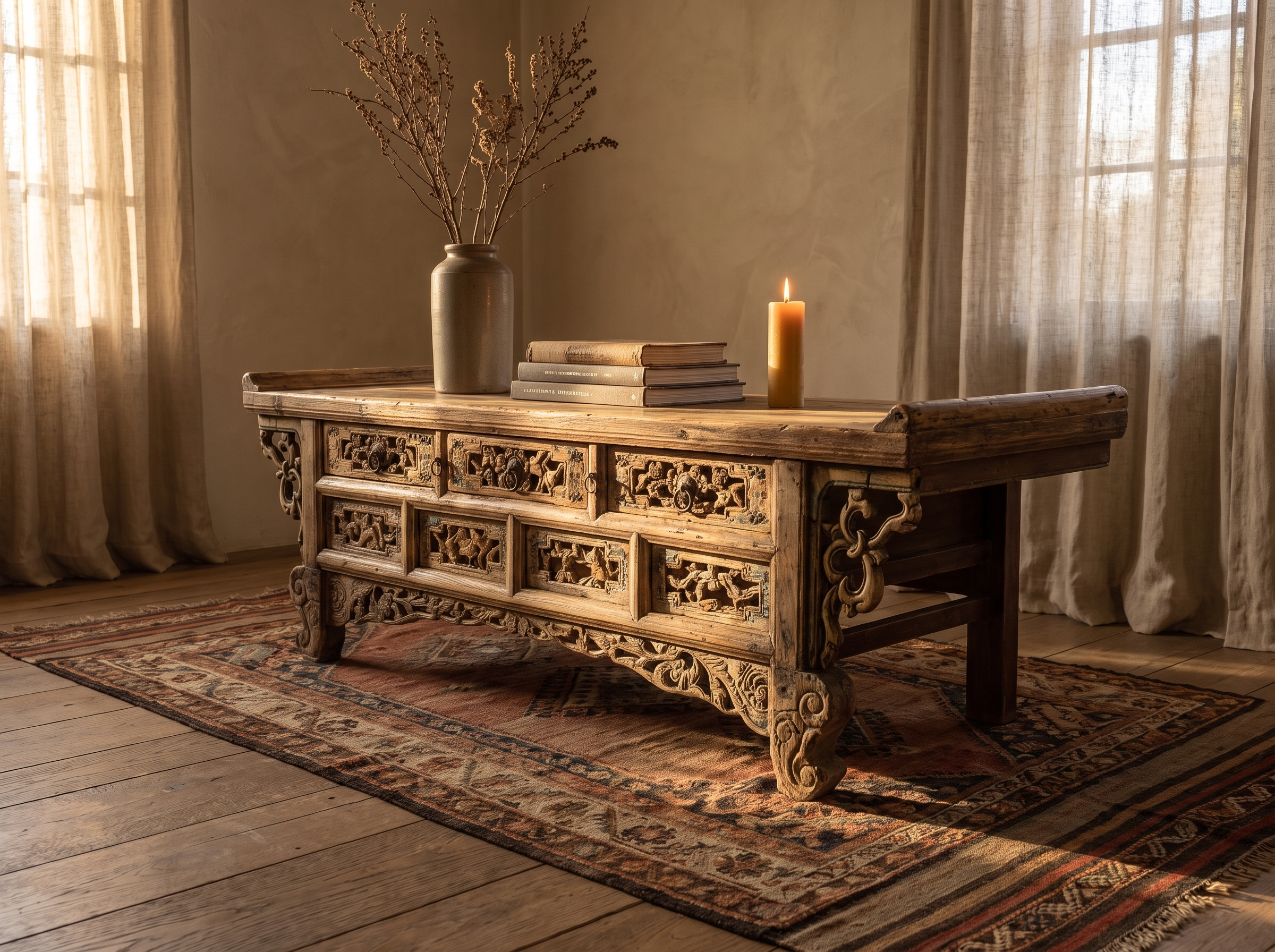 Antique Chinese carved elm altar coffee table styled with a stoneware vessel, books and a candle in a warm room
