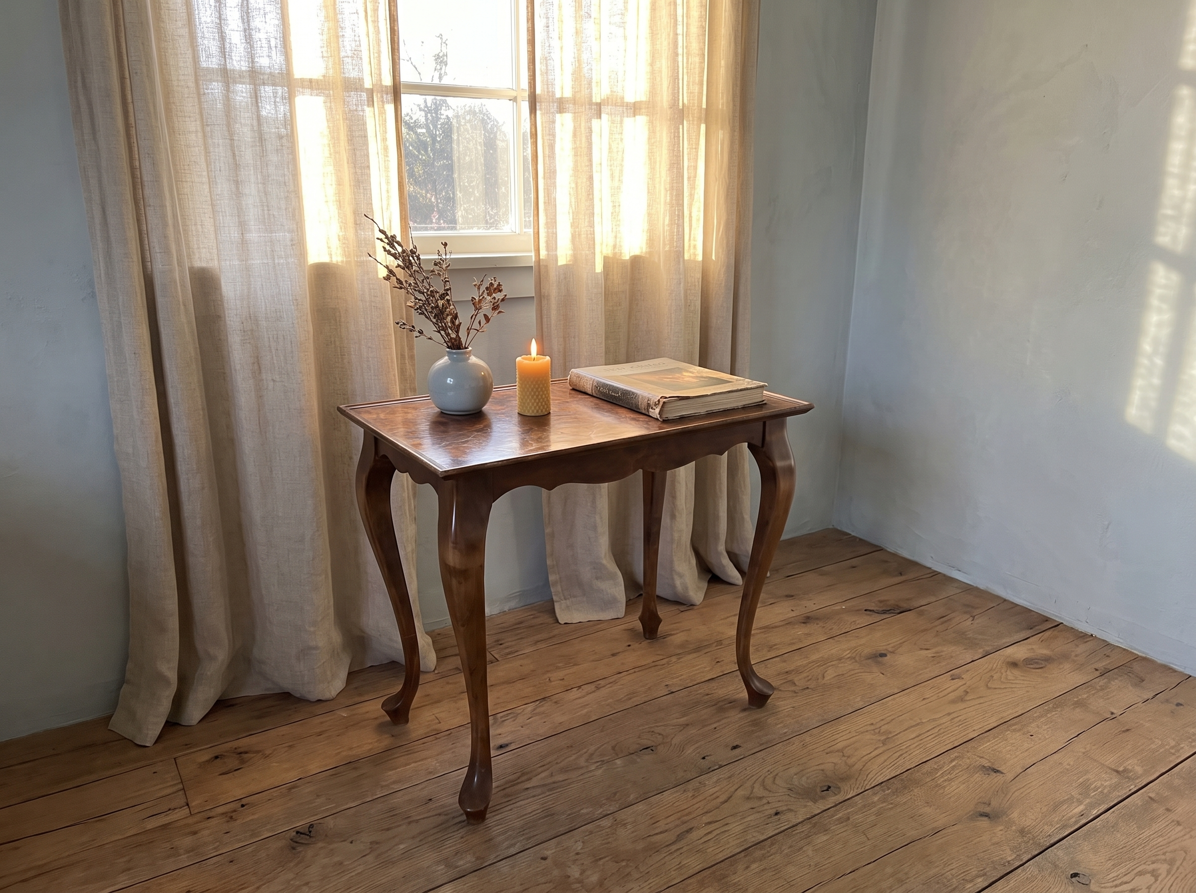 Vintage burl walnut side table in a soft blue-grey room by the window