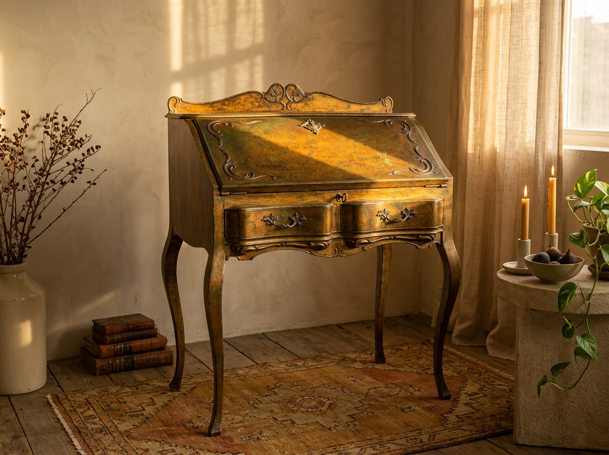 Gold Florentine desk beside linen curtains and an antique kilim rug