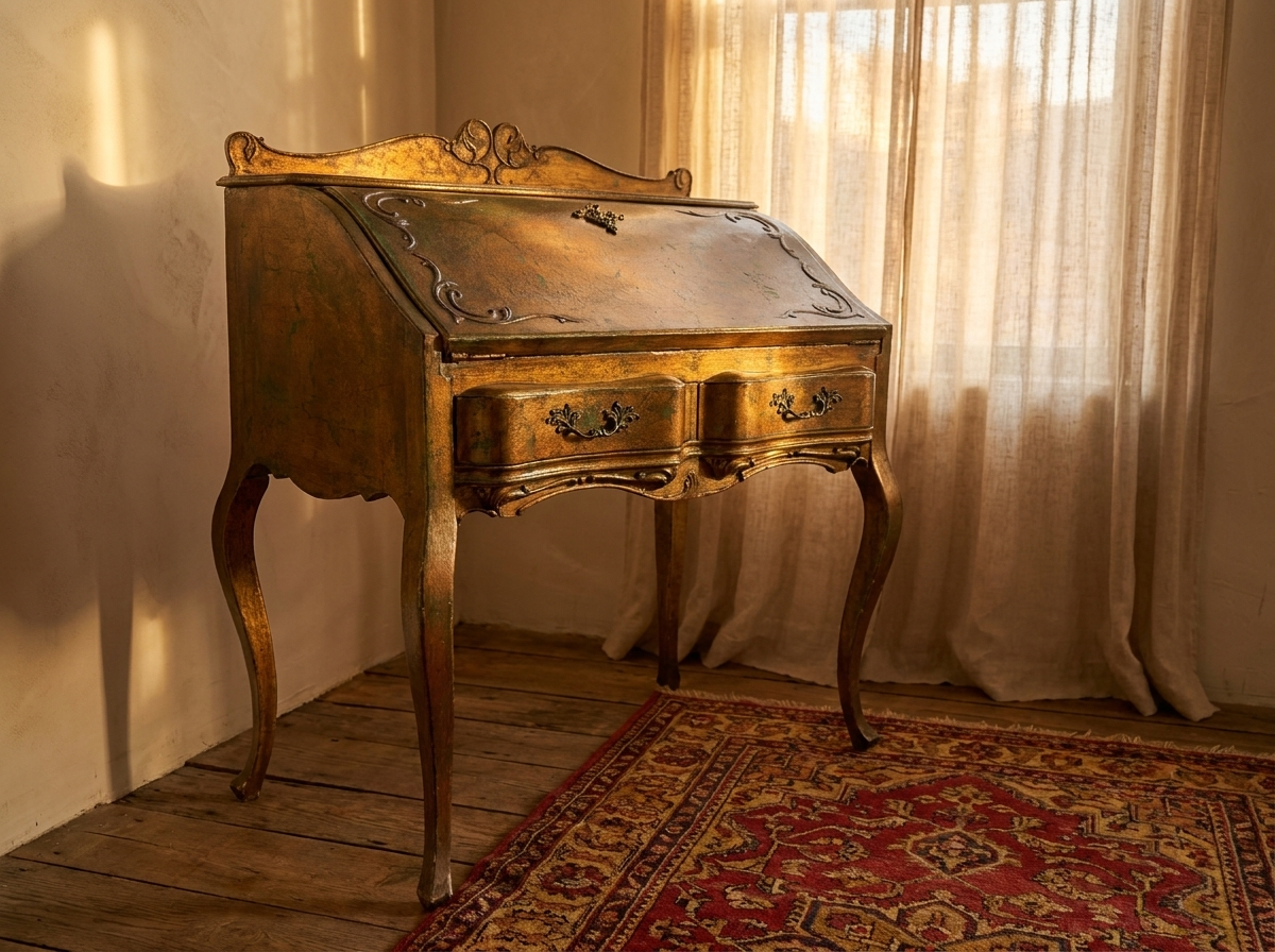 Angled view of the Florentine desk showing form, drawer fronts and construction