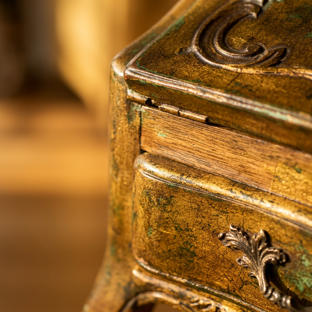 Close-up of the gold lacquer, rounded edge and carved detail
