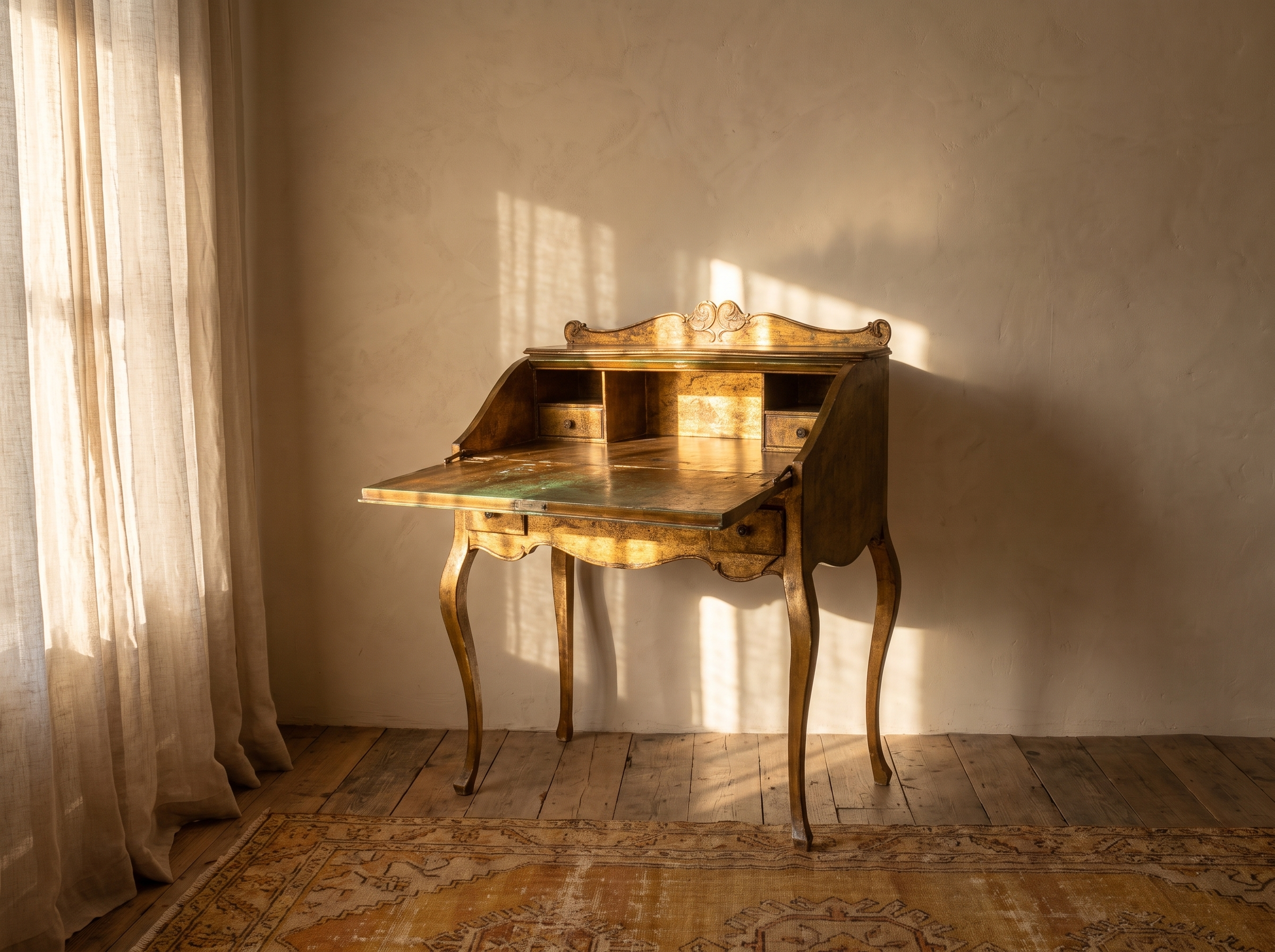 Italian Florentine gold secretary desk with the fall-front open, afternoon light across the writing surface