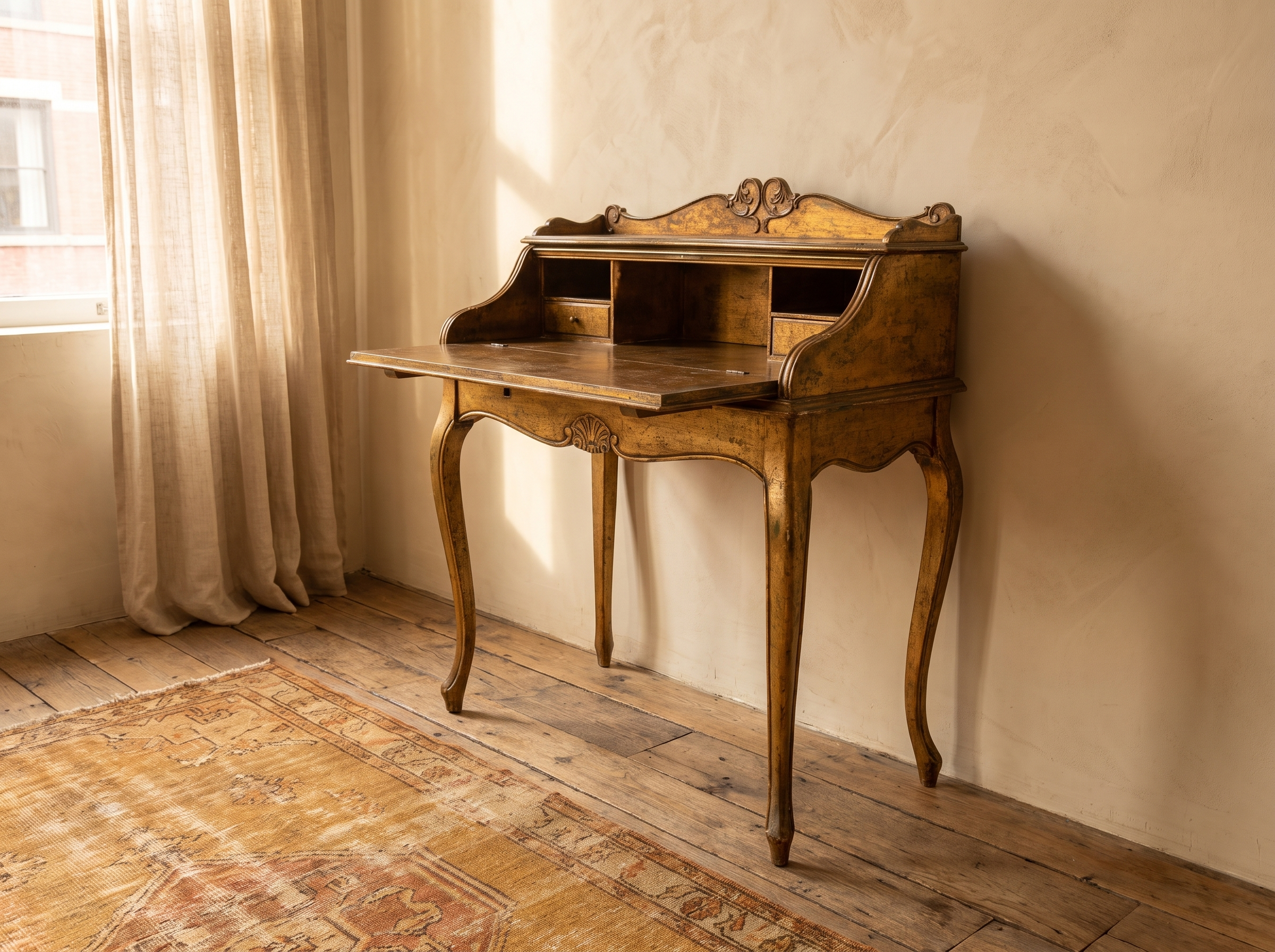 Three-quarter view of the open Florentine desk showing cabriole legs and interior cubbies