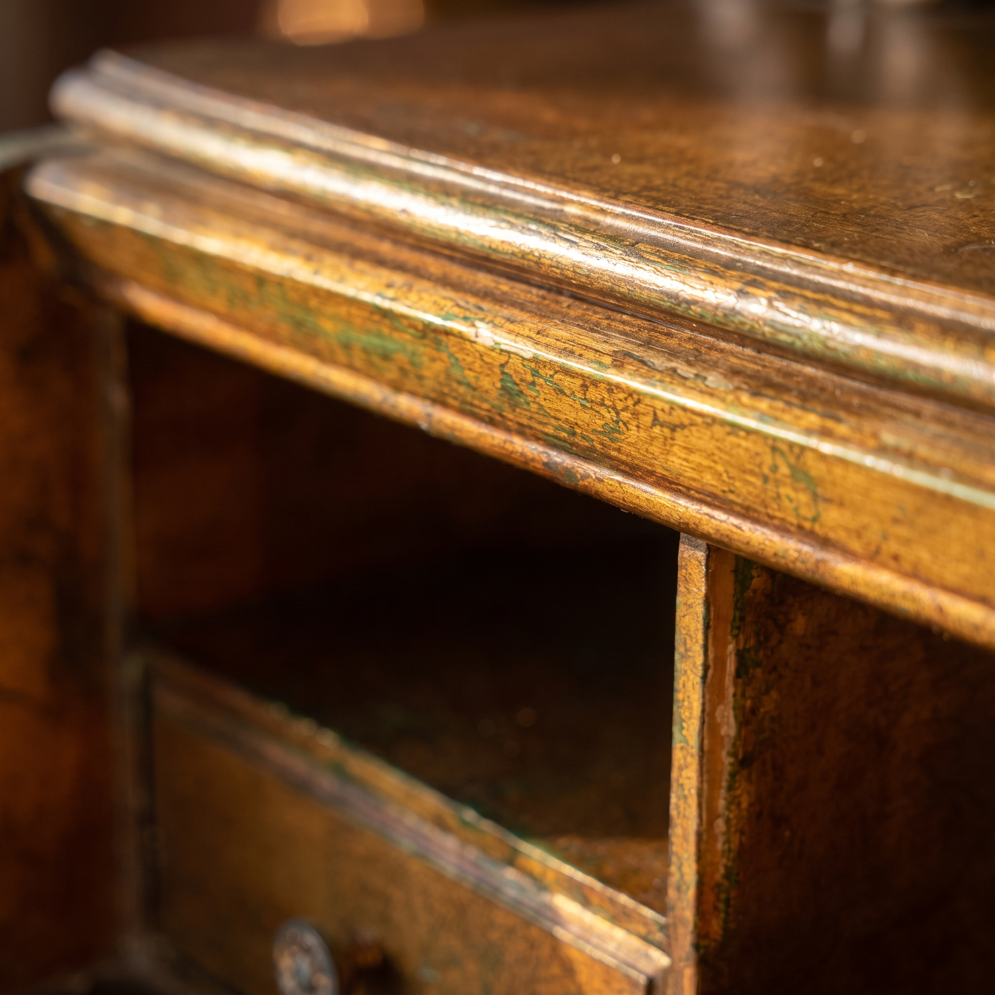 Macro detail of the aged gold finish with green patina showing through