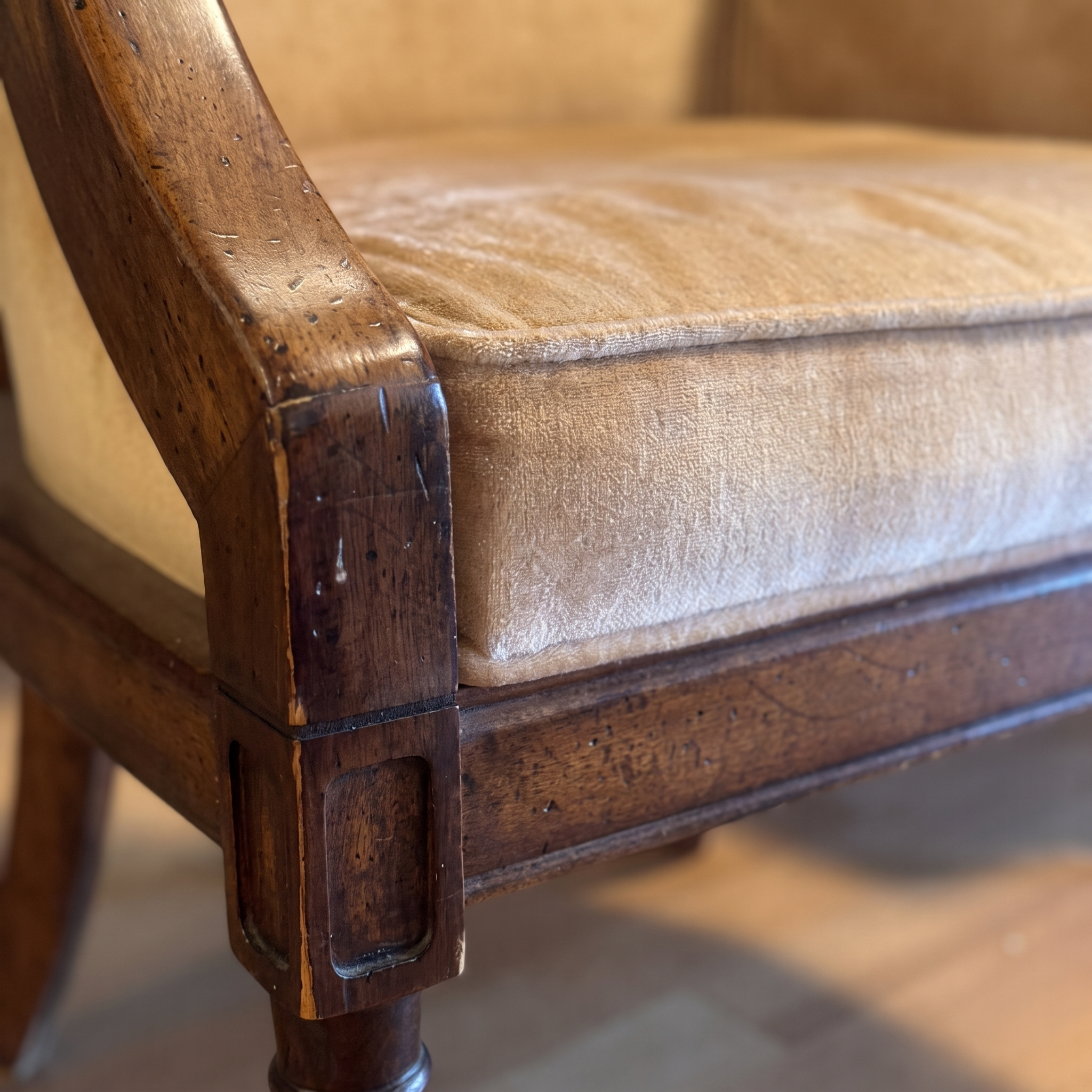 Macro of camel velvet, piped welting, and carved wood joinery