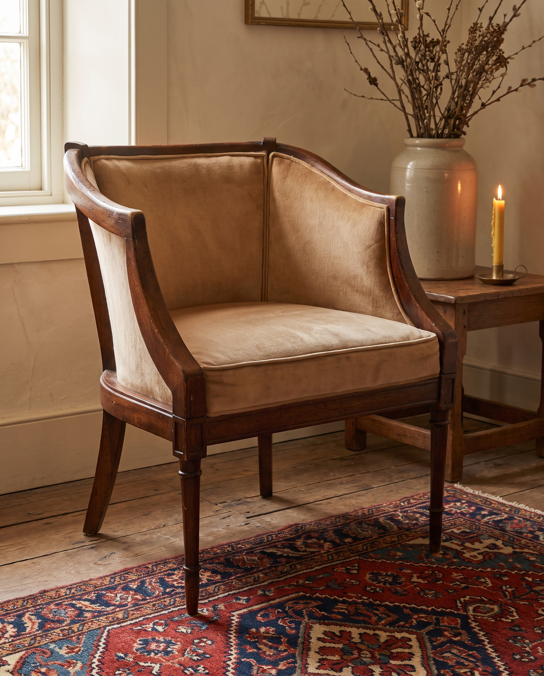 Camel velvet barrel chair in a warm sunlit room