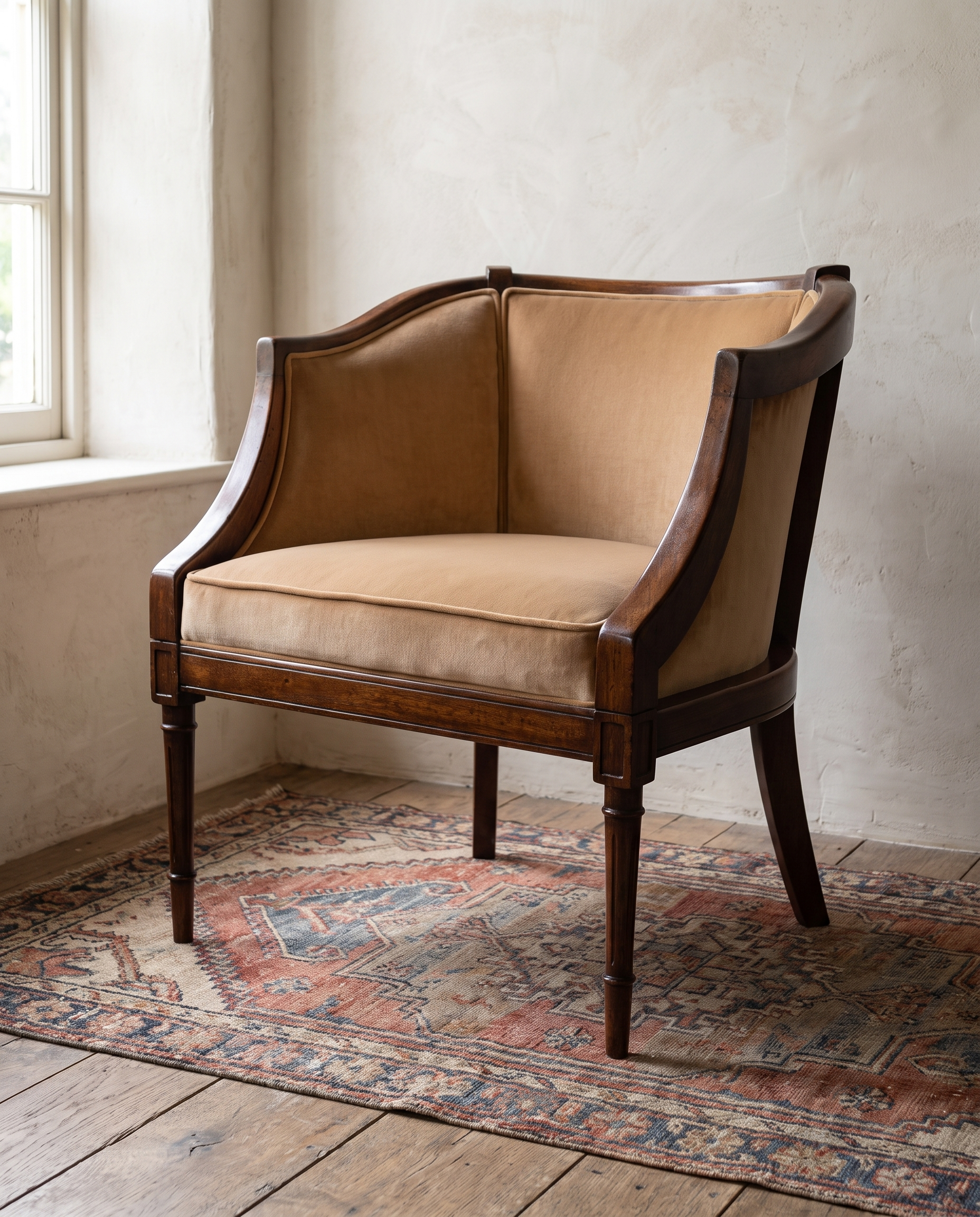 Three-quarter view of the vintage barrel chair