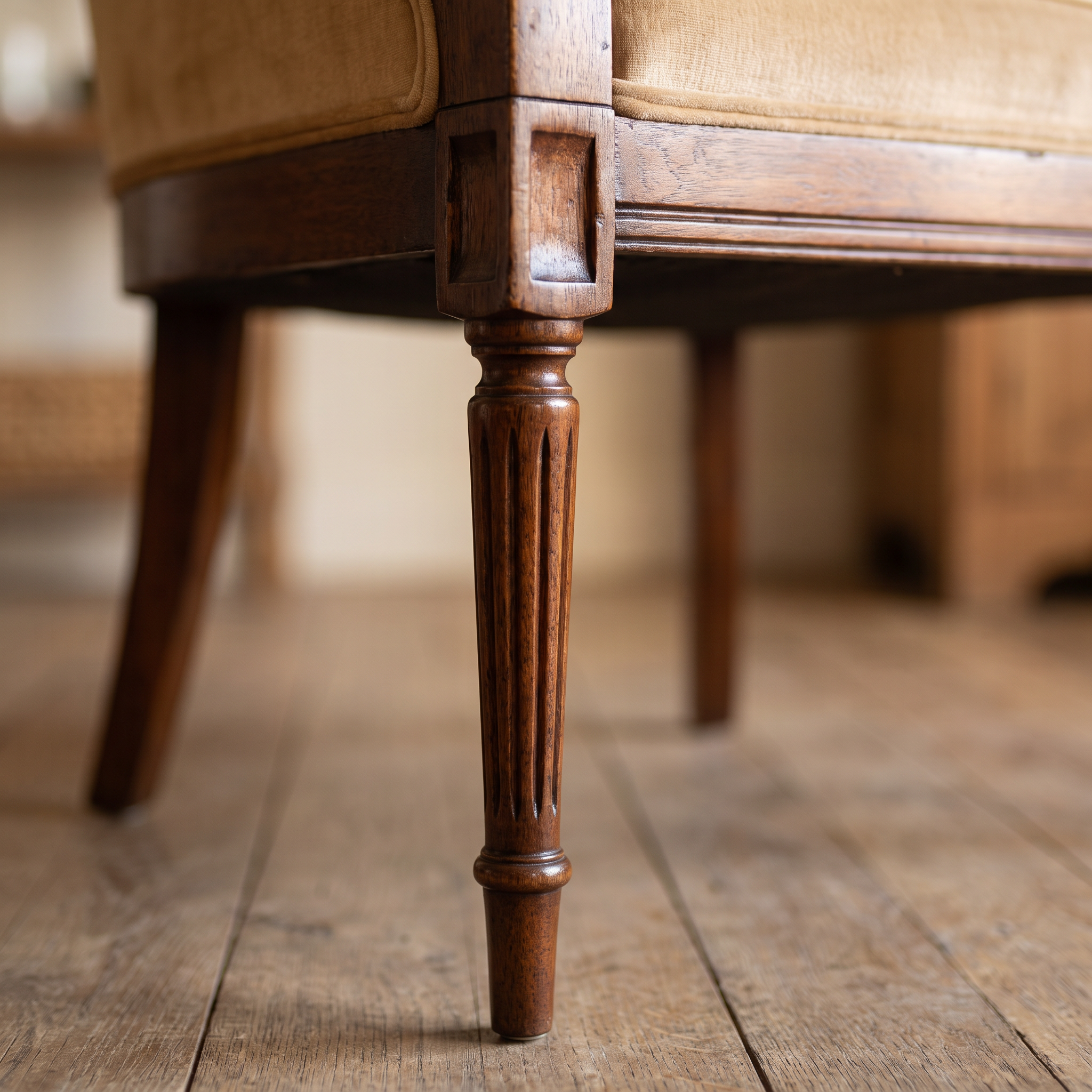 Detail of the reeded tapered mahogany front leg