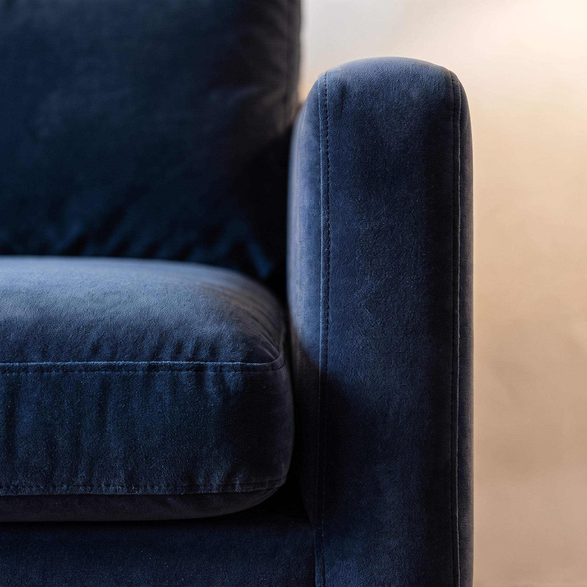 Macro detail of the navy velvet texture and welted seam