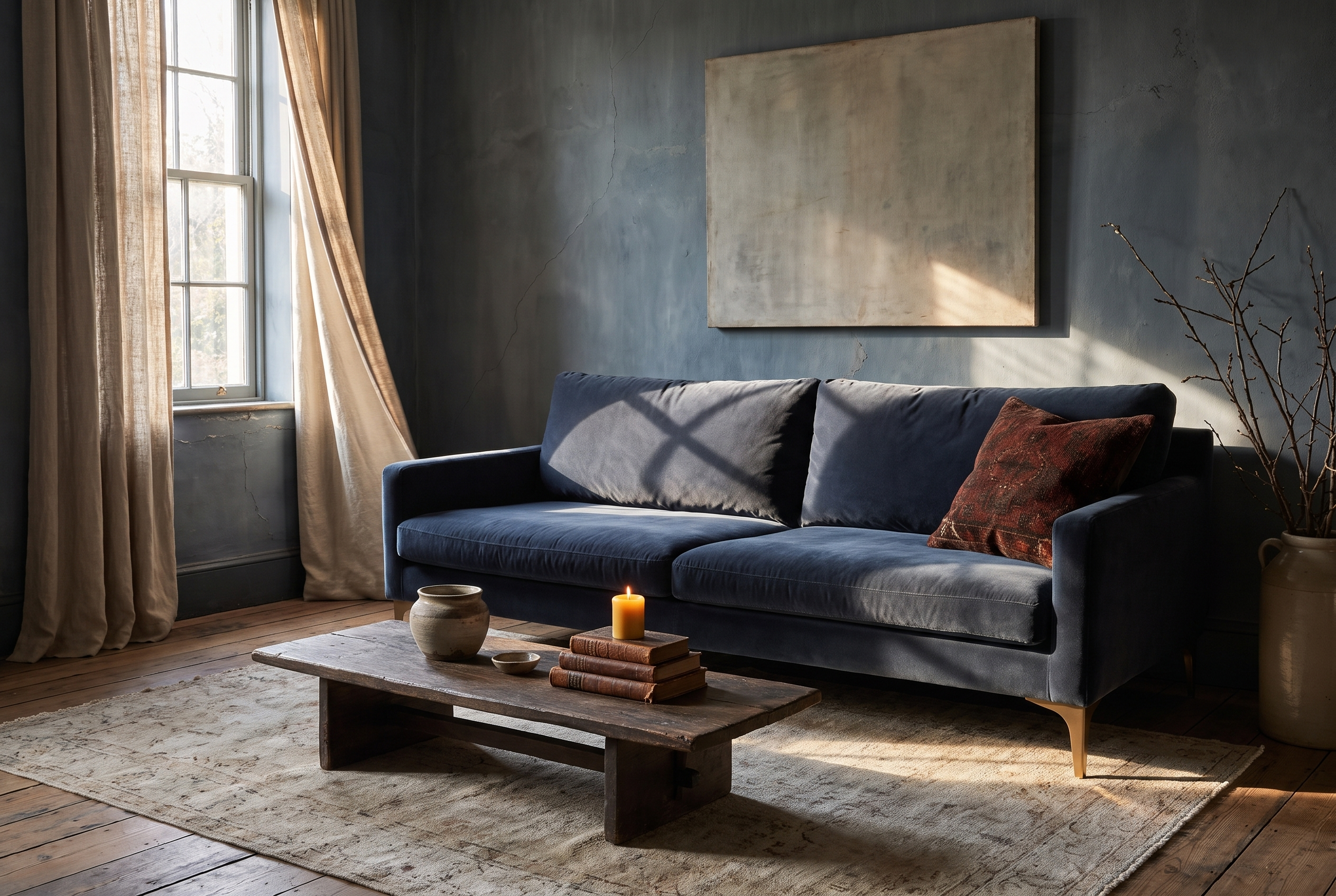 Navy velvet track-arm sofa in a warm, atmospheric living room