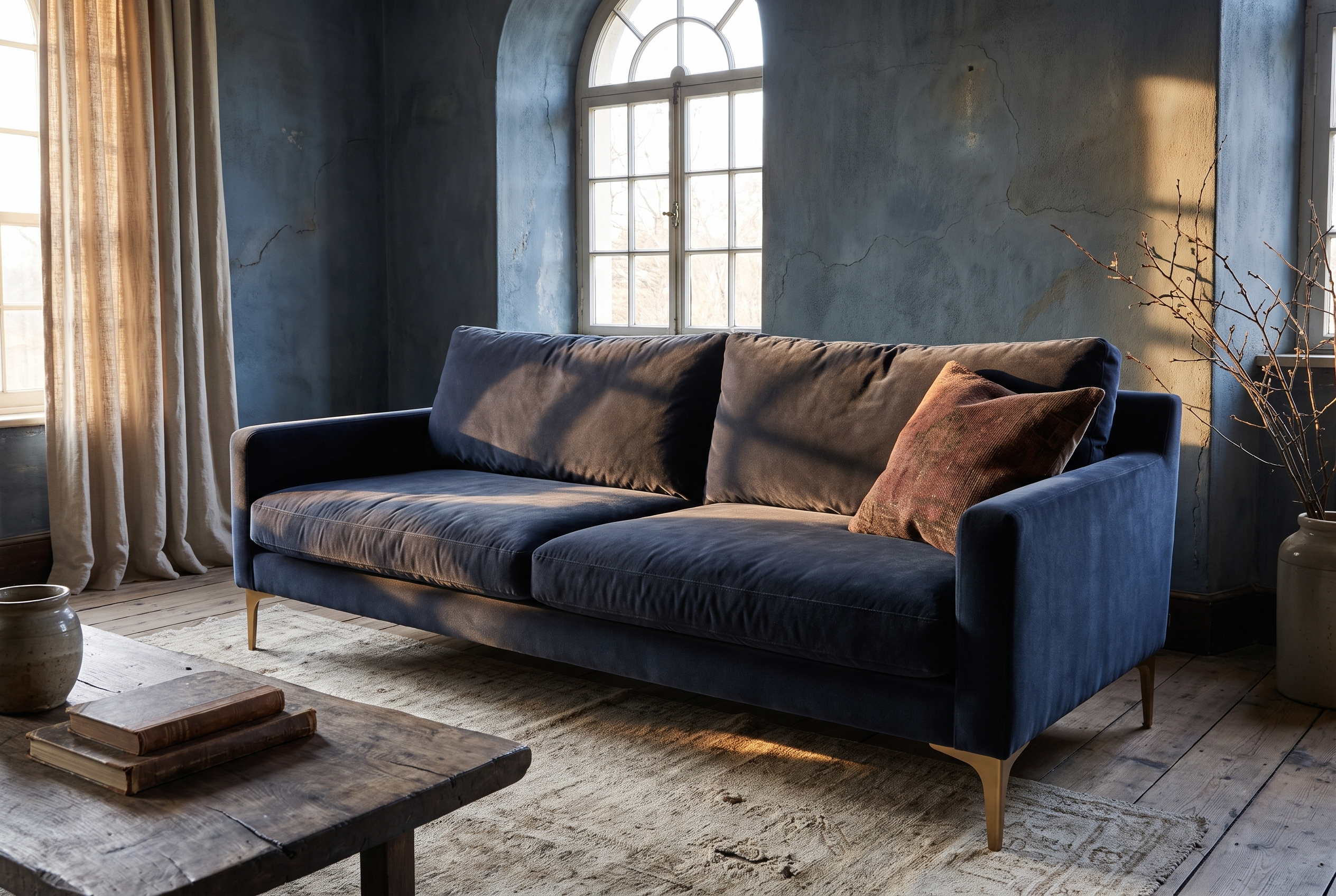 Navy velvet track-arm sofa, three-quarter view showing full form and construction