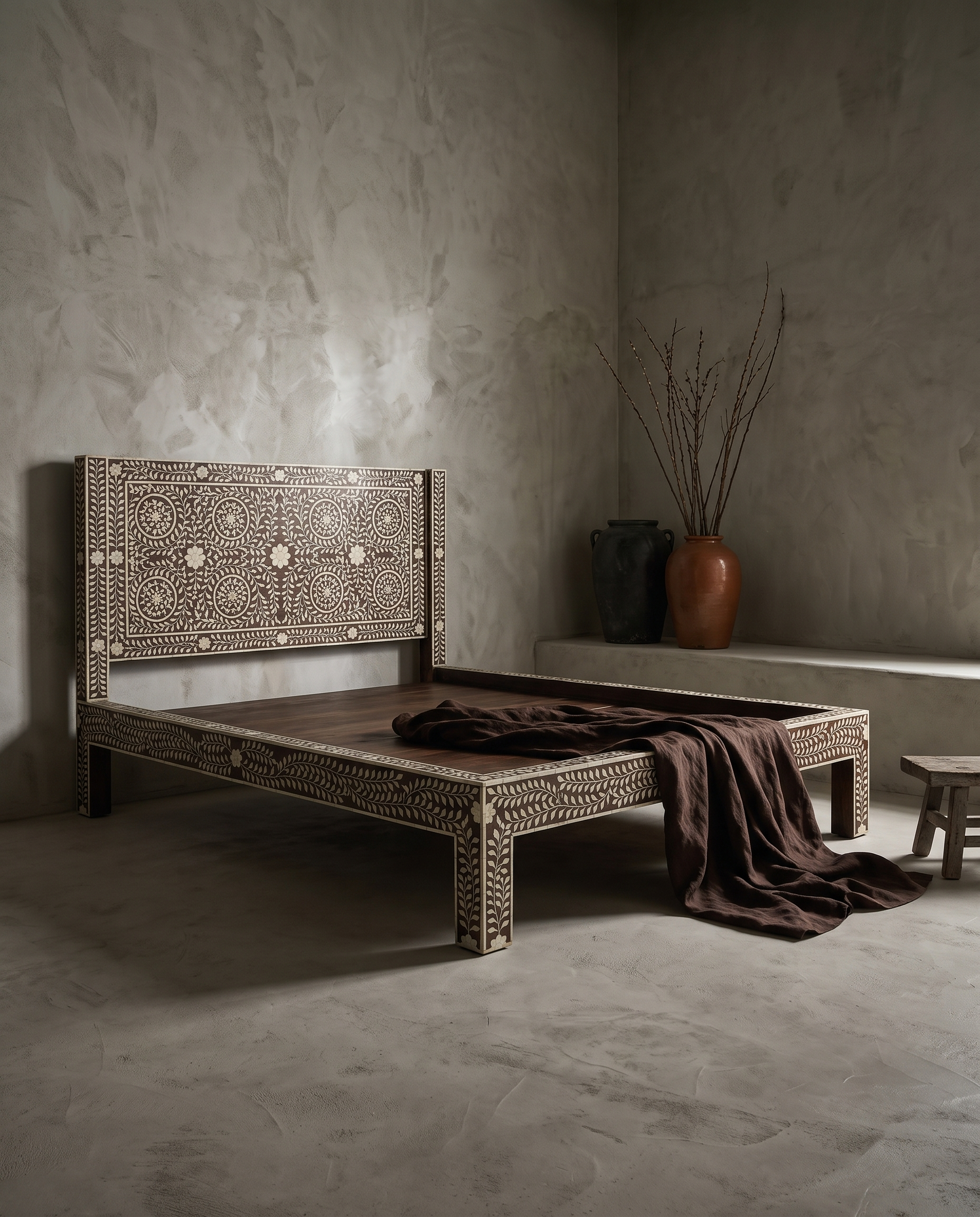 Bone Inlay Bed, three-quarter view showing full silhouette and leg construction