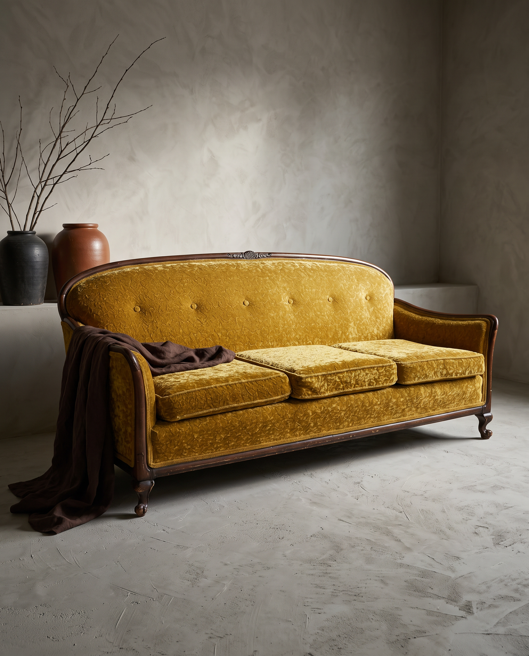 Vintage carved-wood camelback sofa in gold crushed velvet, styled in a greige plaster room with dried branches and draped chocolate linen