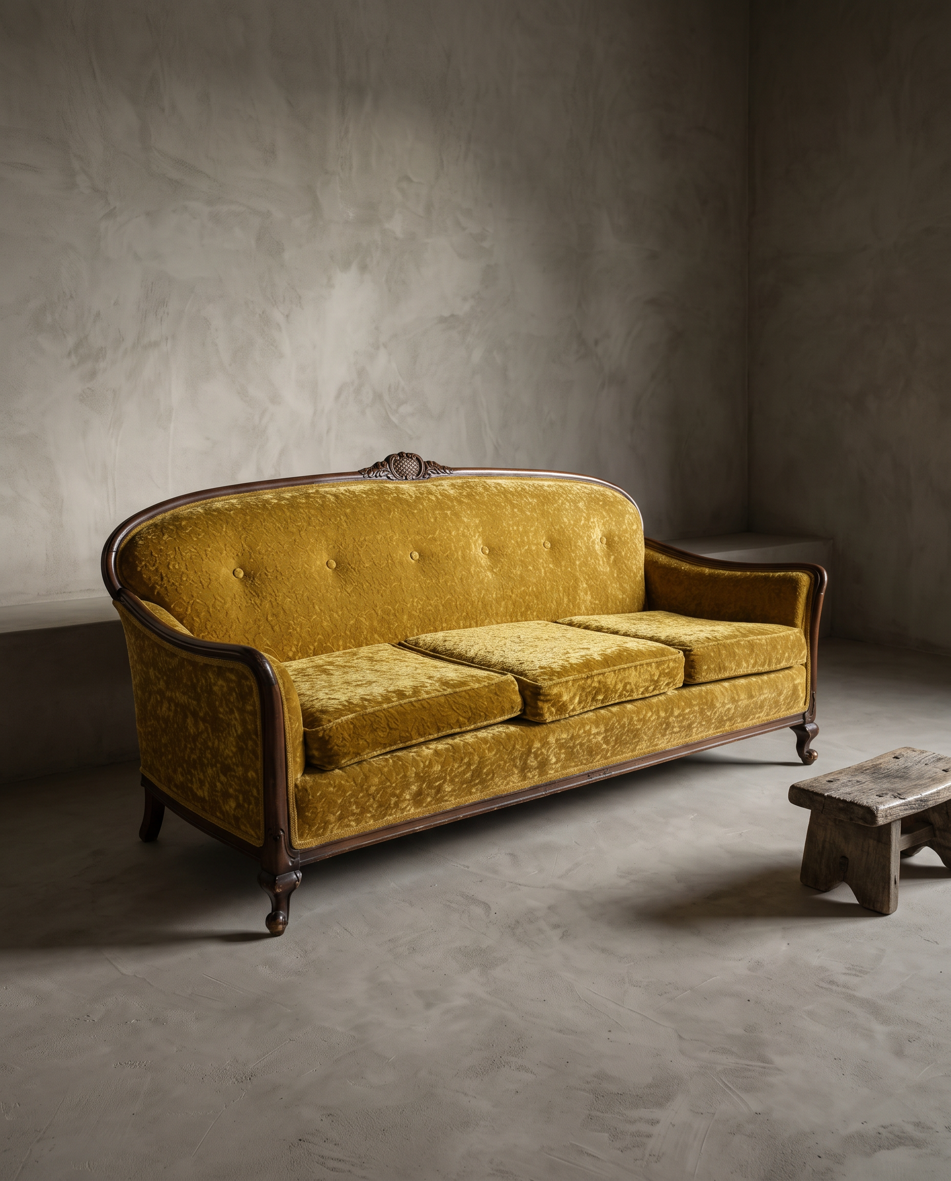 45 degree three-quarter view of the vintage gold velvet sofa showing the full camelback silhouette and carved crest