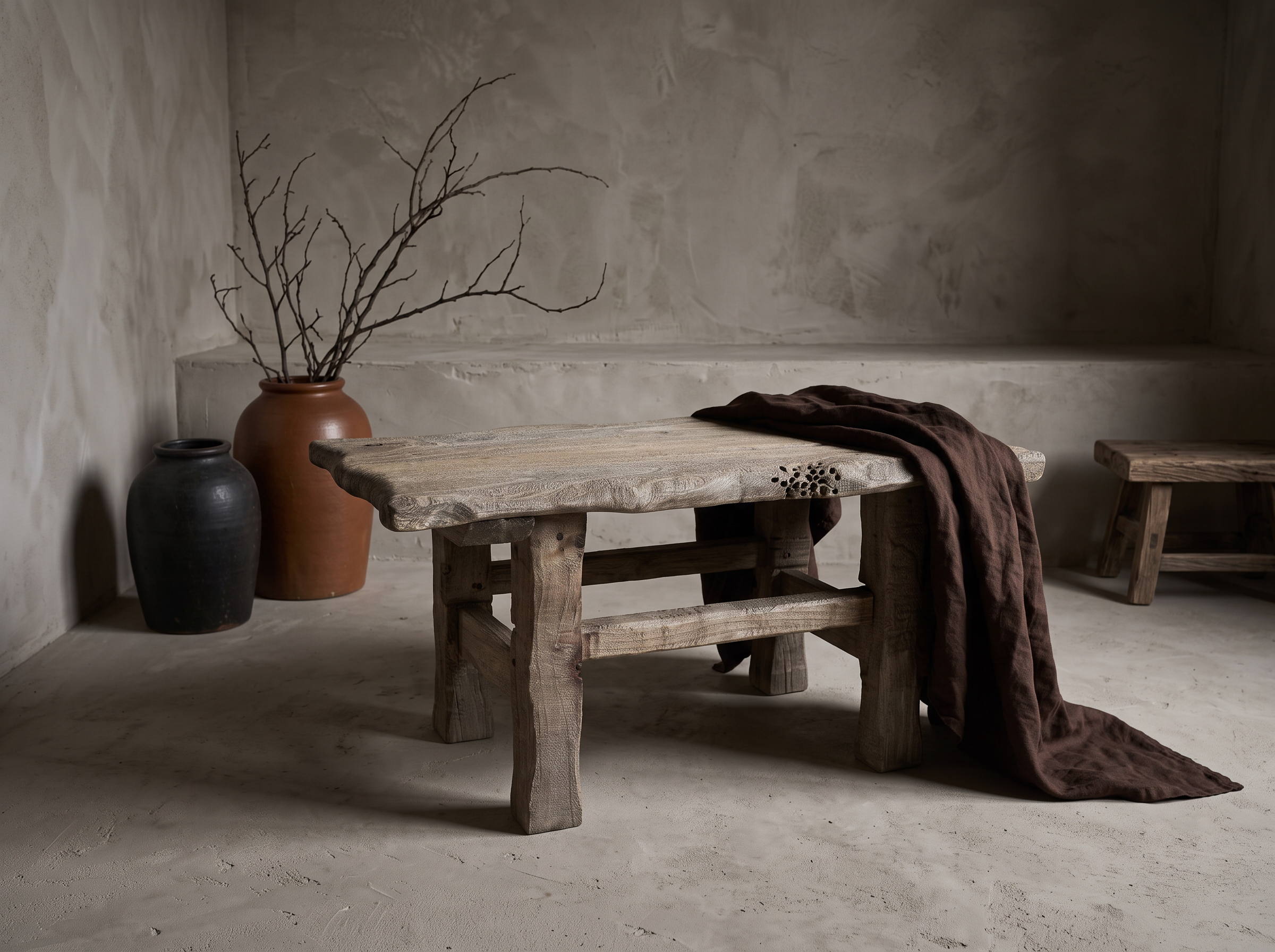 Wormwood Coffee Table lifestyle hero, styled in a greige plaster room with stoneware vessels and draped linen