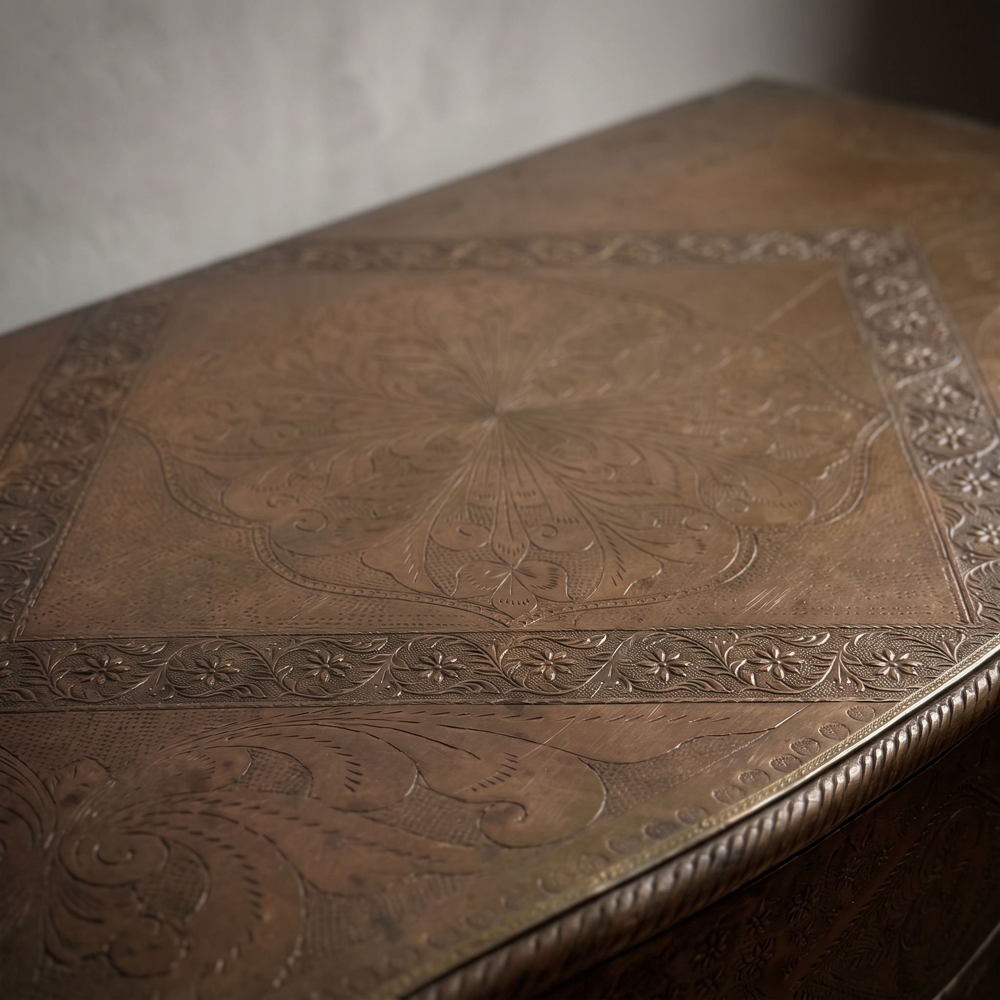 Macro detail of the engraved brass medallion on the top of The Saffron Chest Dresser