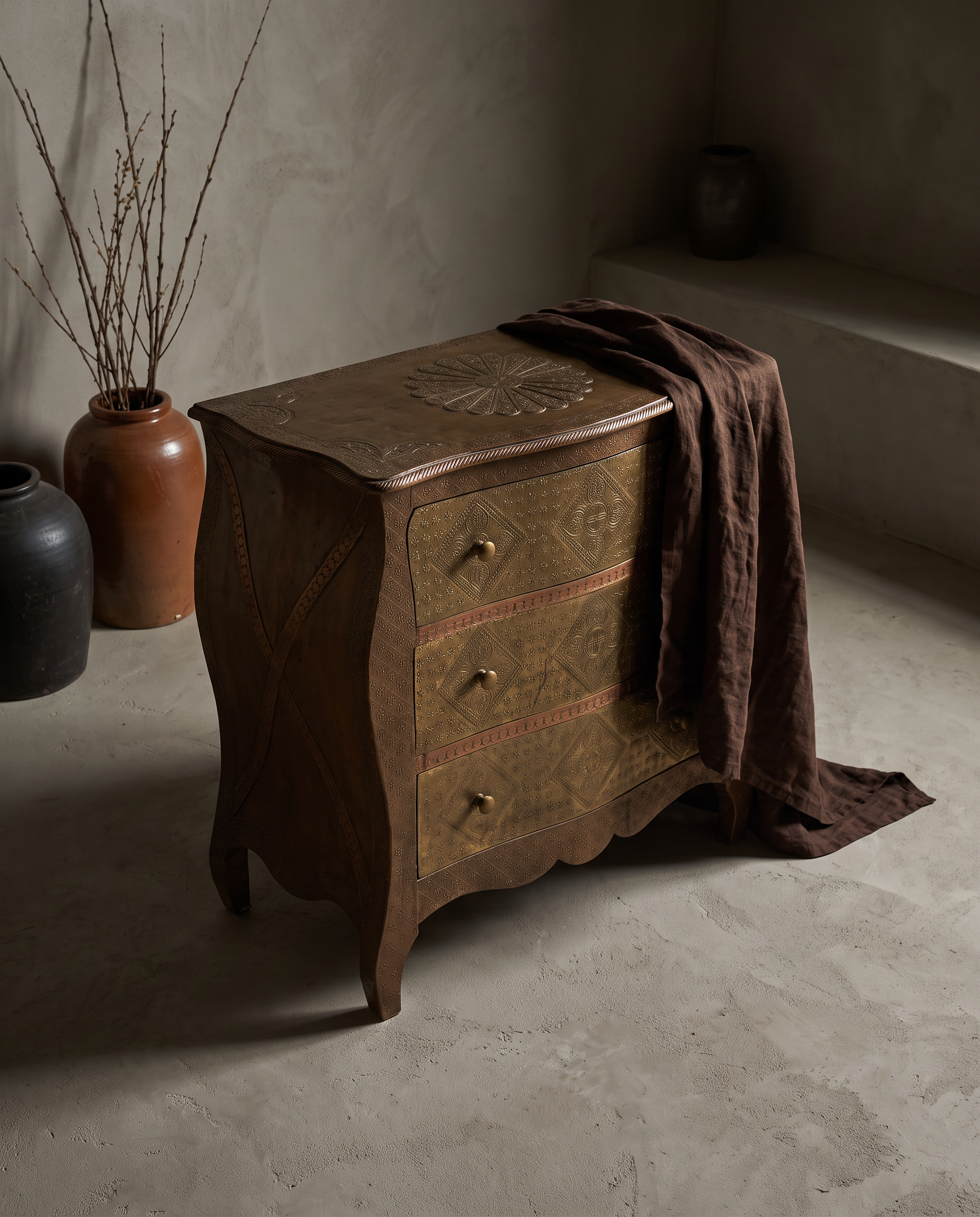 The Saffron Chest Dresser, antique brass-clad bombe chest, lifestyle hero shot in a plaster room