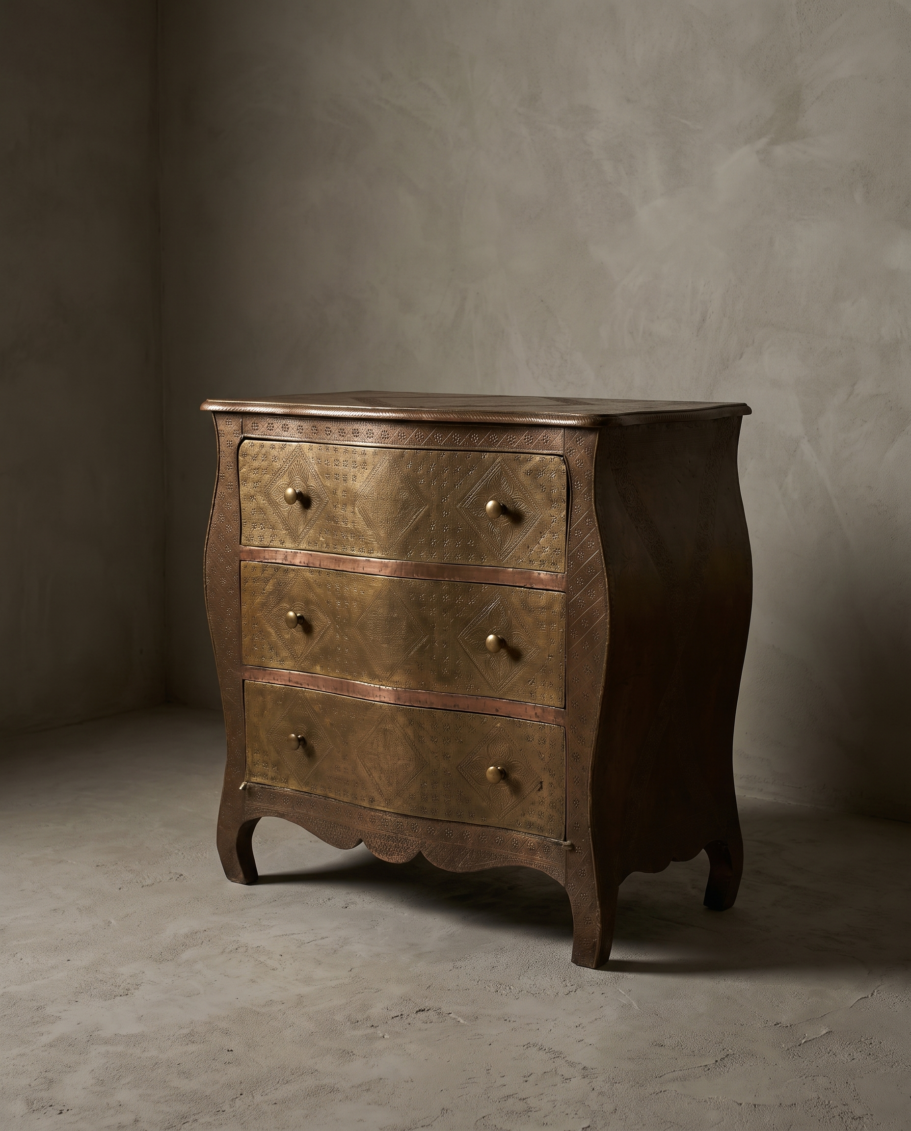 The Saffron Chest Dresser, 45 degree three-quarter view showing the bombe silhouette and cabriole legs