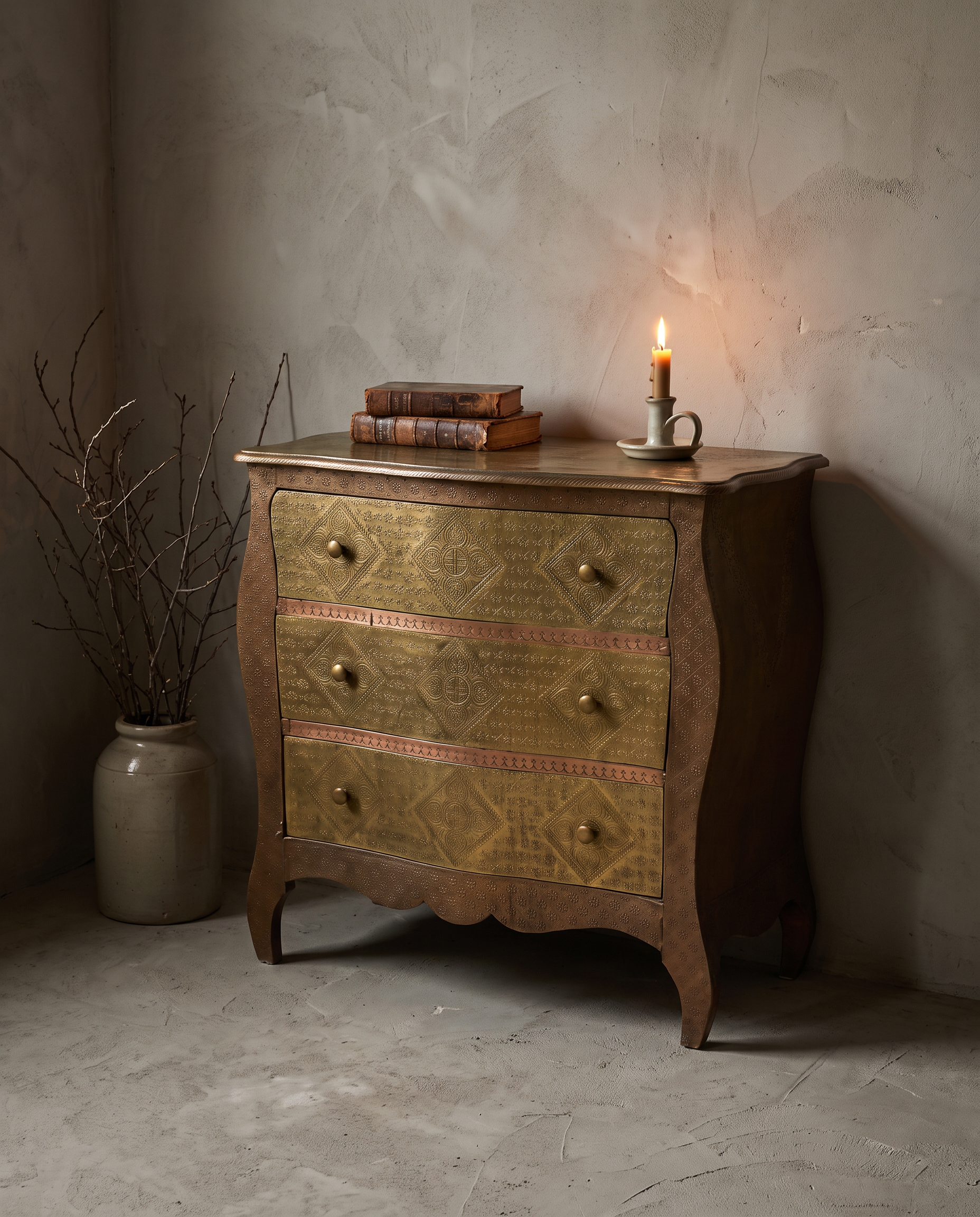 The Saffron Chest Dresser styled with a lit candle and antique books on top