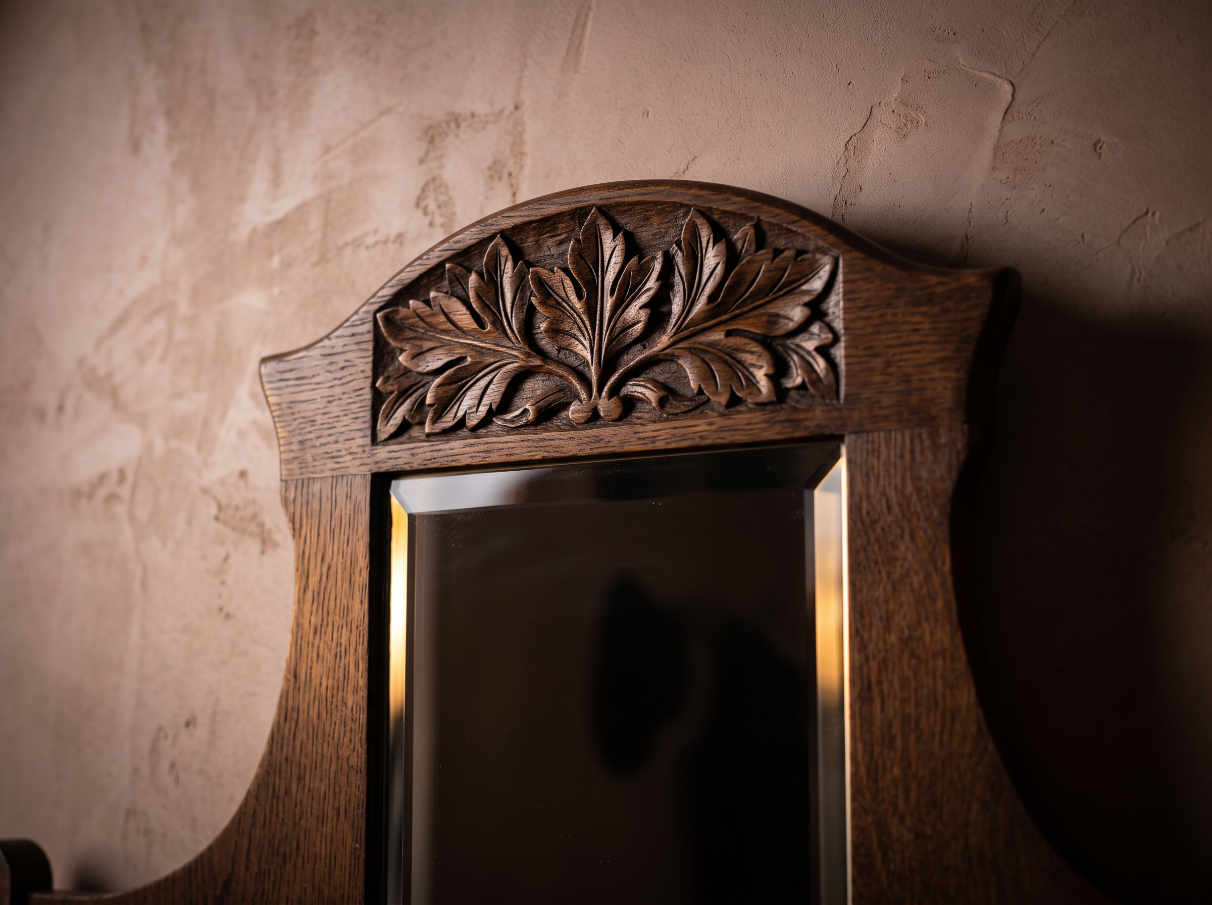The Looking Glass Hall Tree, carved acanthus crest and mirror bevel detail