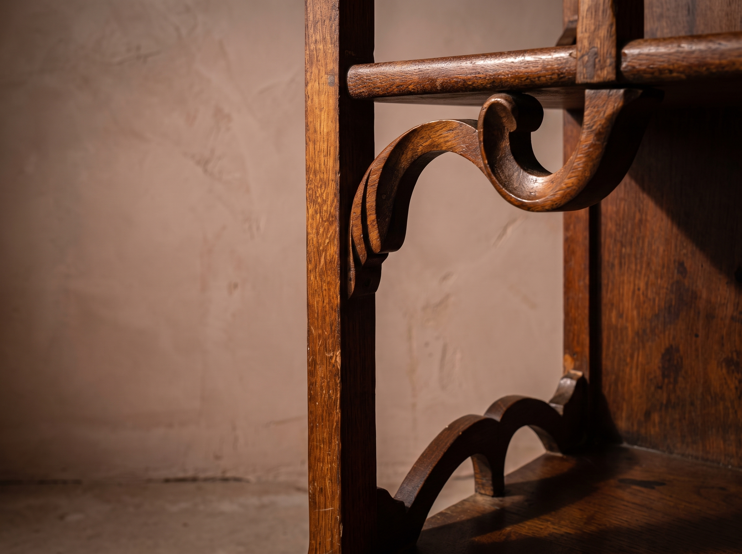 The Looking Glass Hall Tree, hand-turned scroll bracket detail