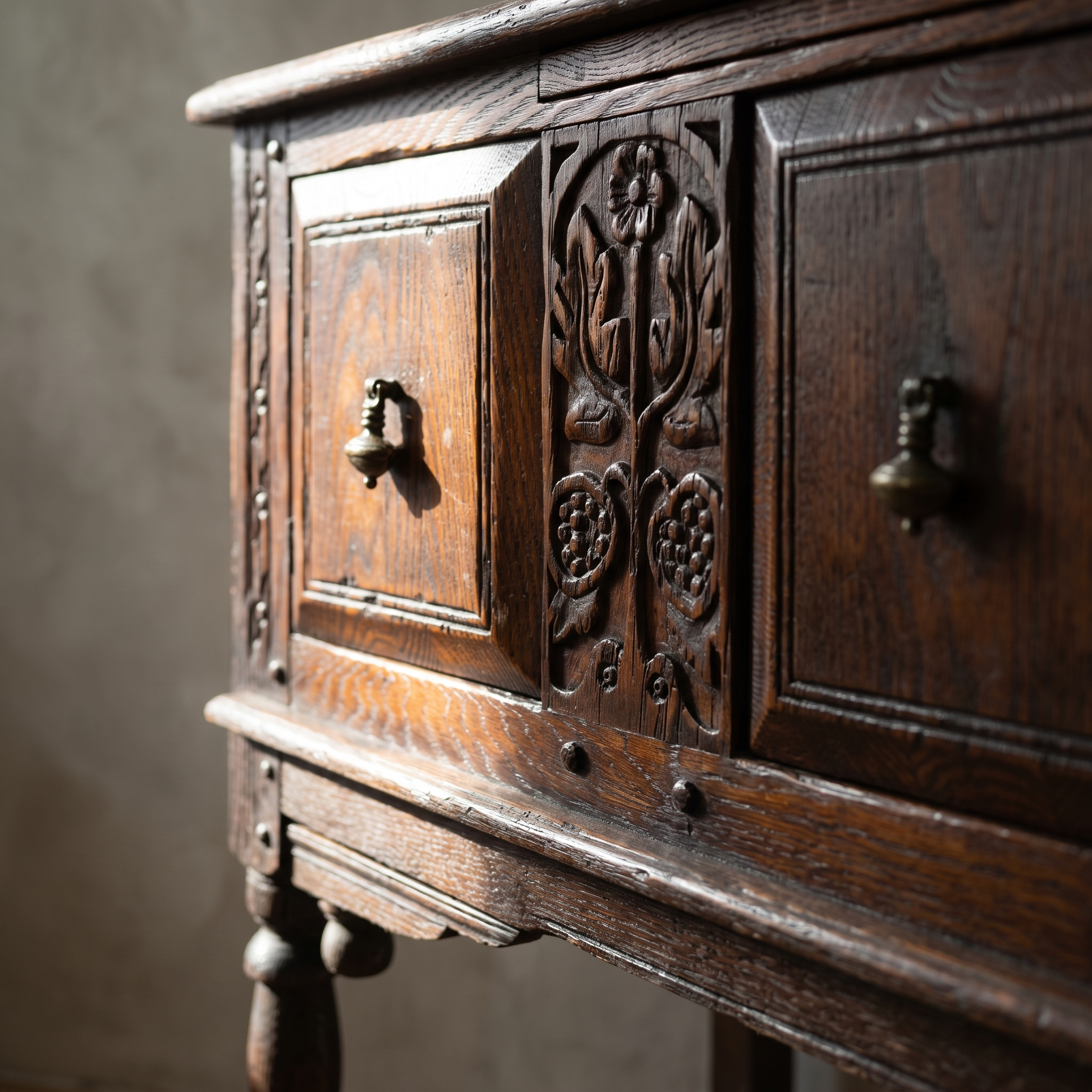 Detail of the carved floral relief stile, brass teardrop pulls, and turned leg