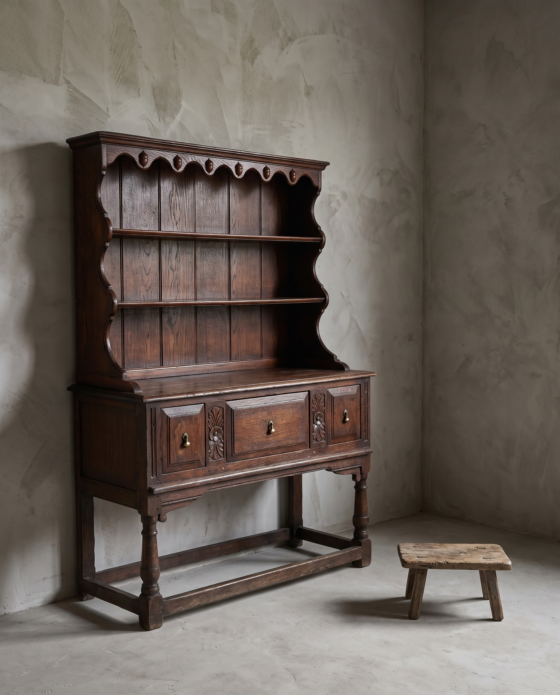 Three-quarter view of the antique oak Welsh dresser showing full form and construction