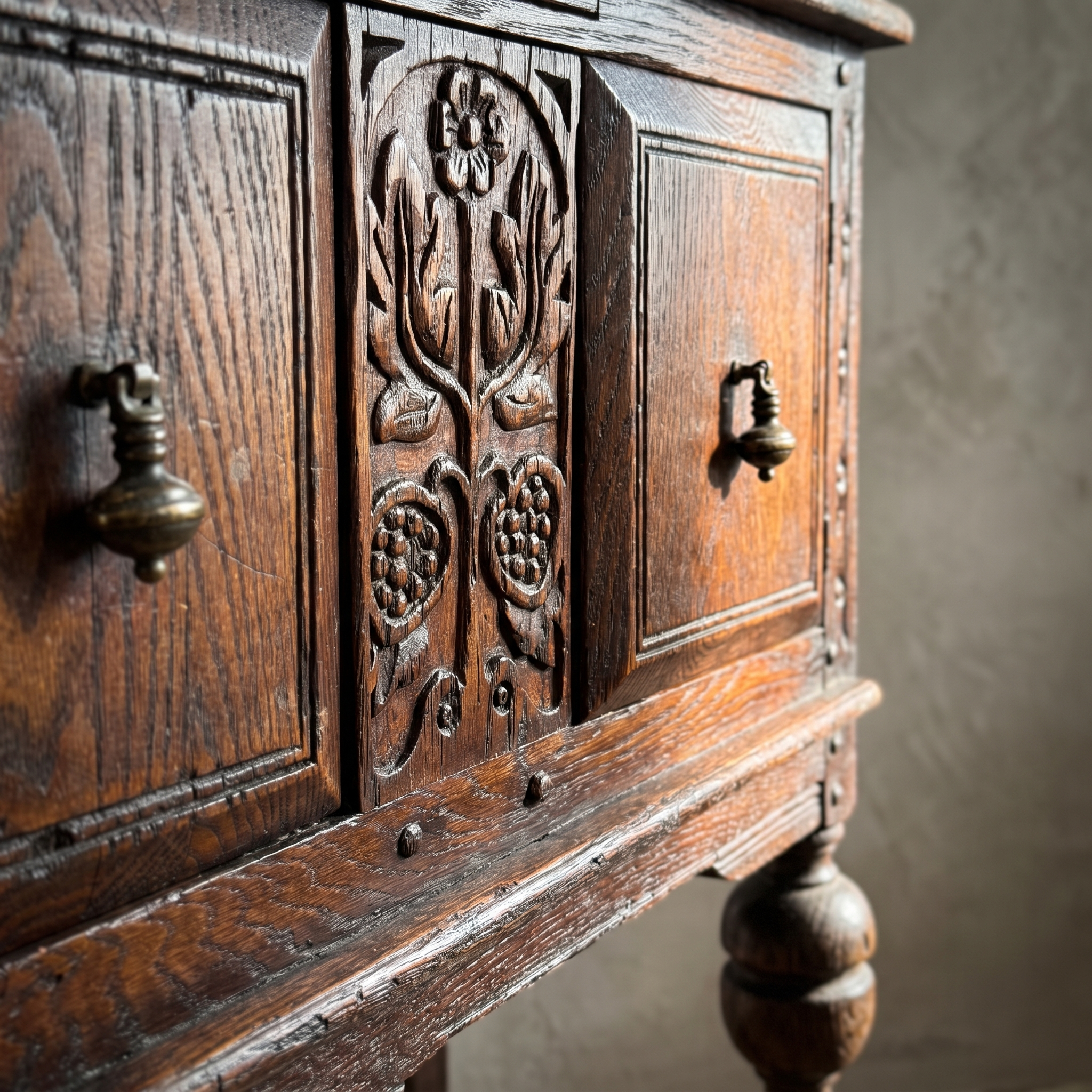 Second detail of the carved floral relief stile and brass hardware