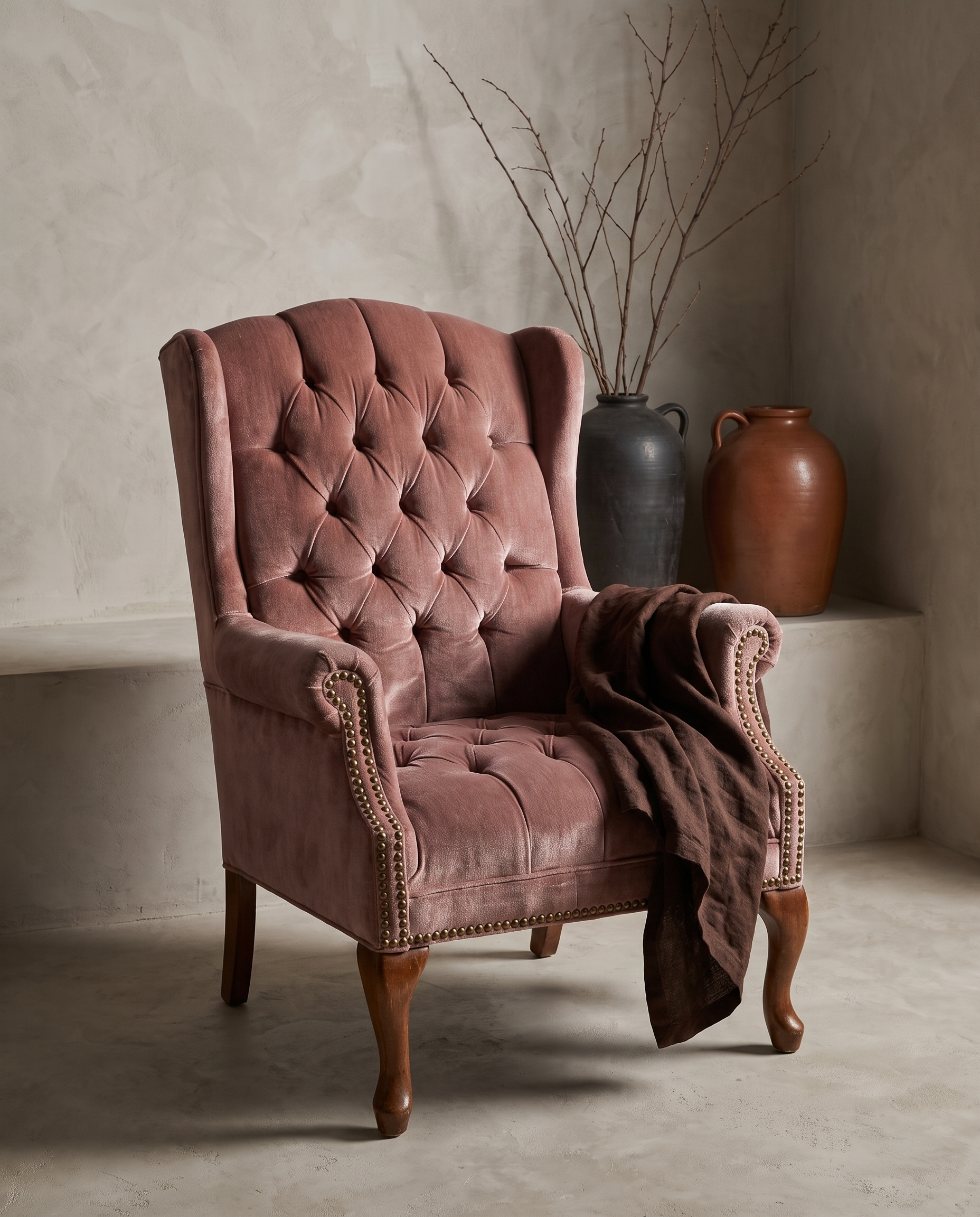Dusty rose velvet tufted wingback chair, lifestyle view in a plaster-walled room with stoneware vessels and dried branches