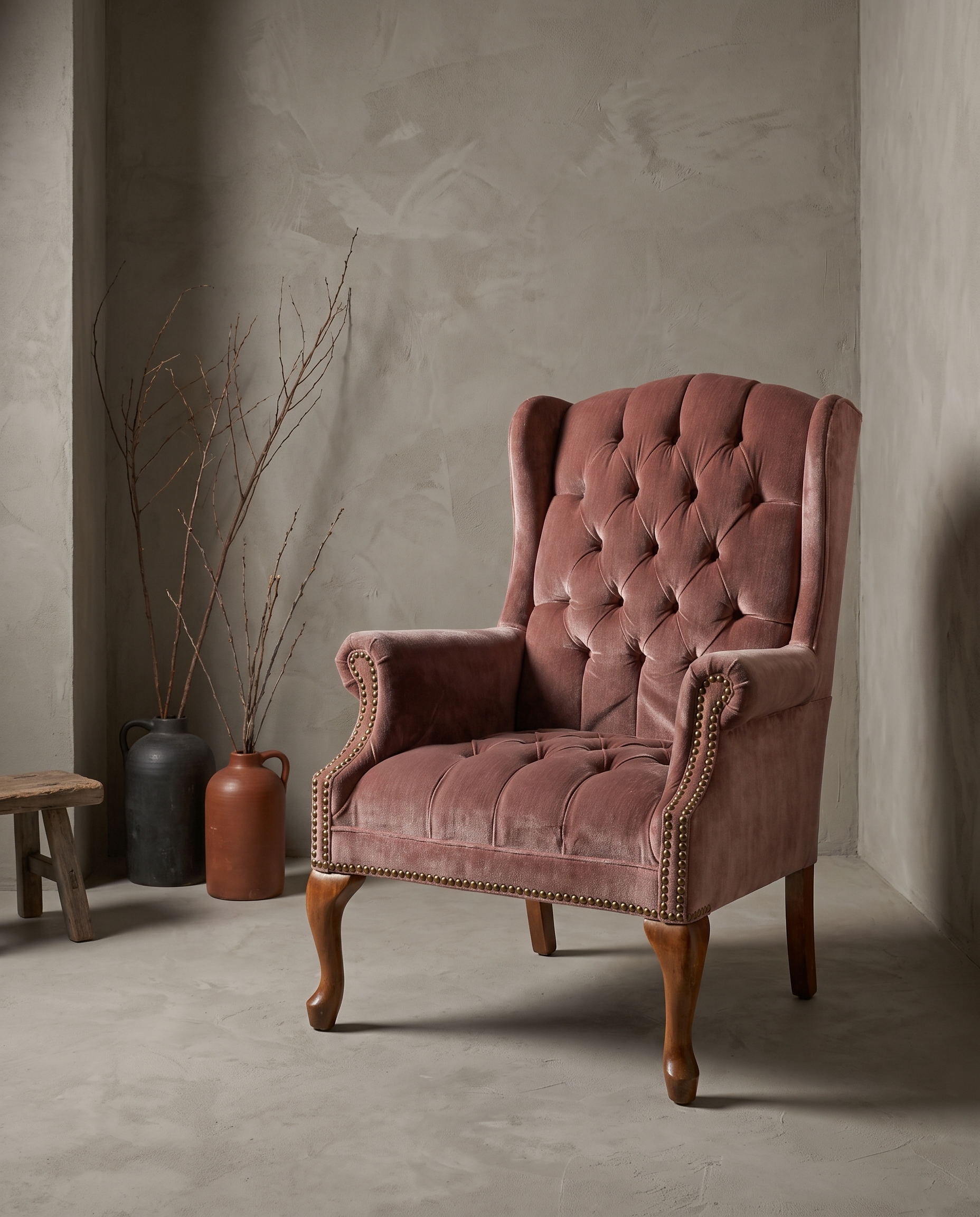 Dusty rose velvet tufted wingback chair, three-quarter angle showing full silhouette and construction