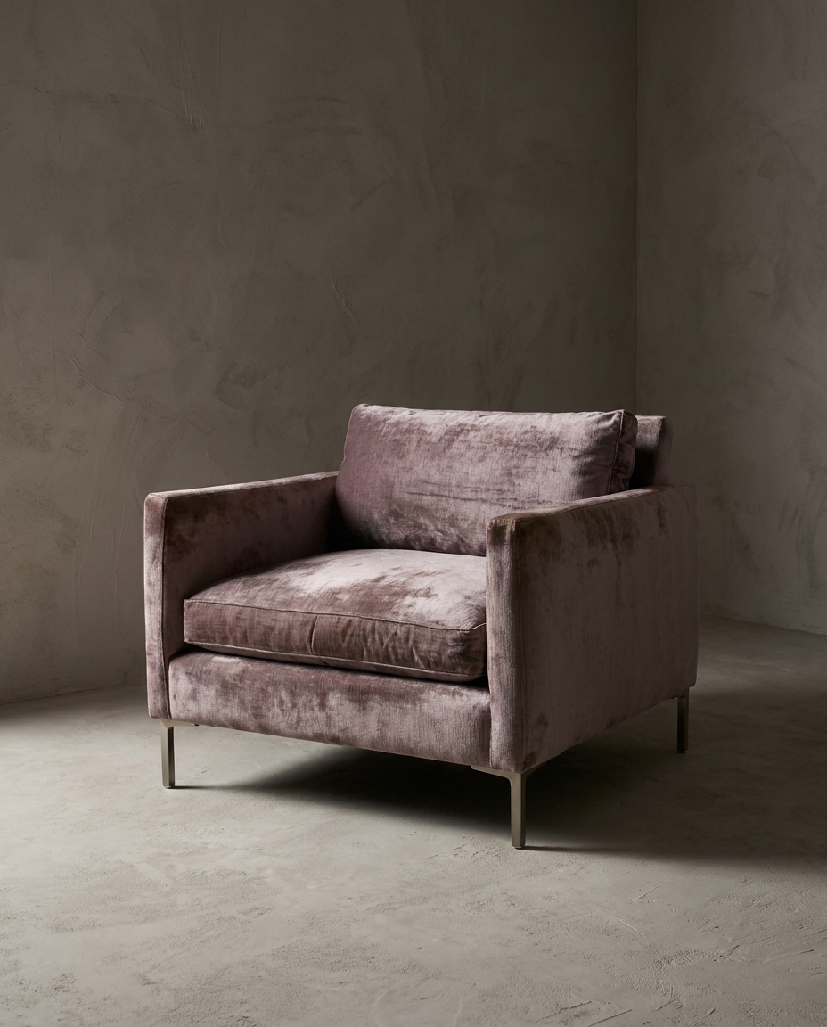 Smoked lilac velvet track-arm club chair, 45 degree three-quarter view showing silhouette and construction