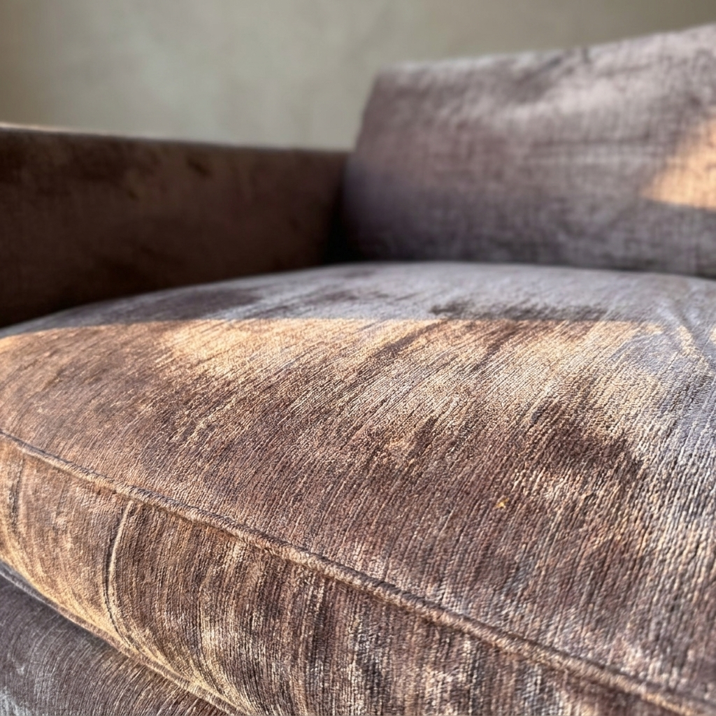 Macro detail of smoked lilac crushed velvet texture and natural wear patina