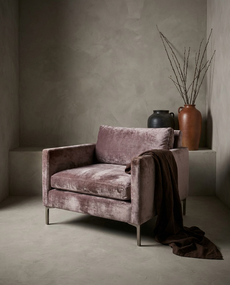 Smoked lilac velvet track-arm club chair, lifestyle shot in greige plaster room with draped chocolate linen