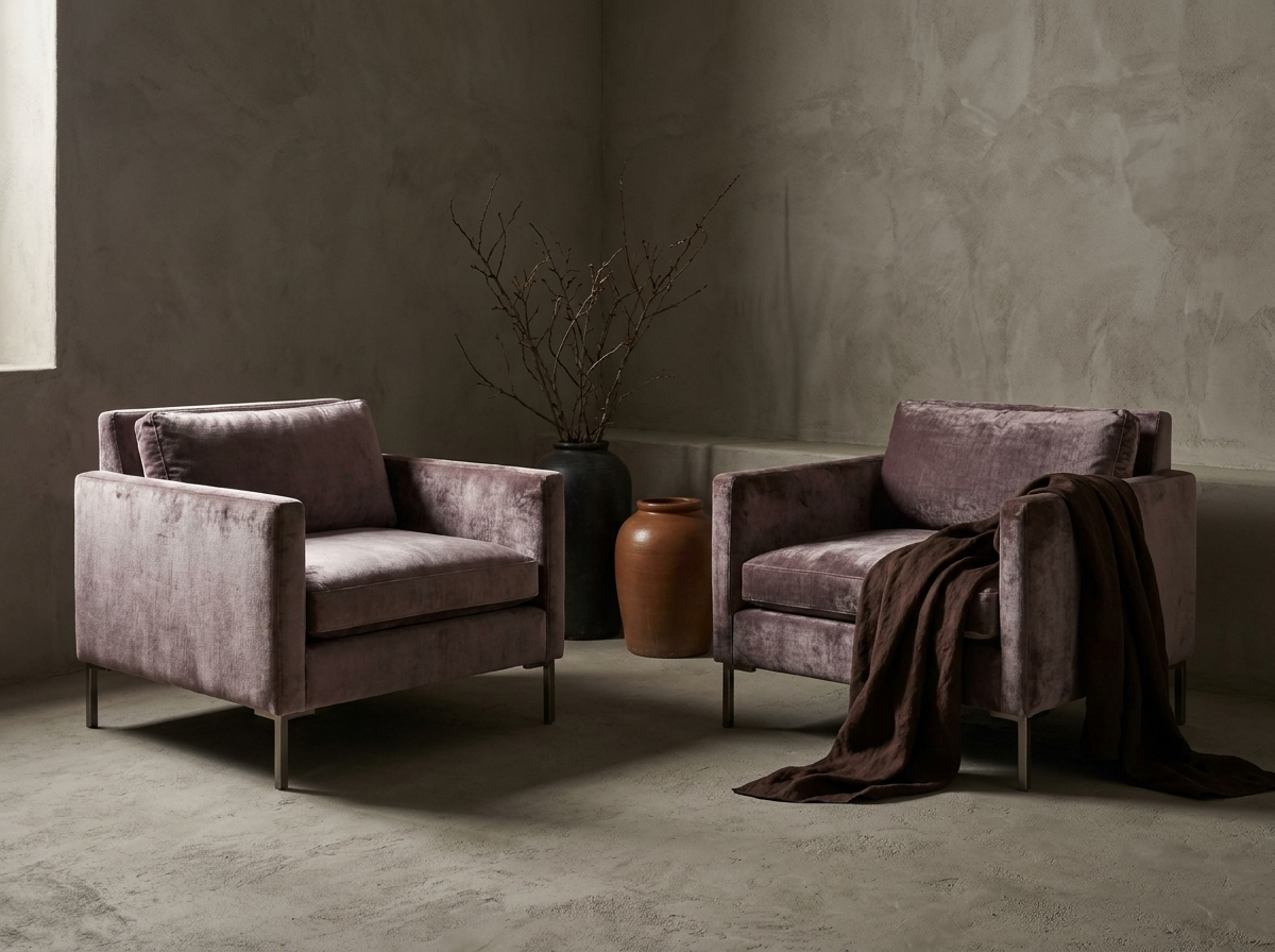 Pair of smoked lilac velvet track-arm club chairs facing each other in a greige plaster room