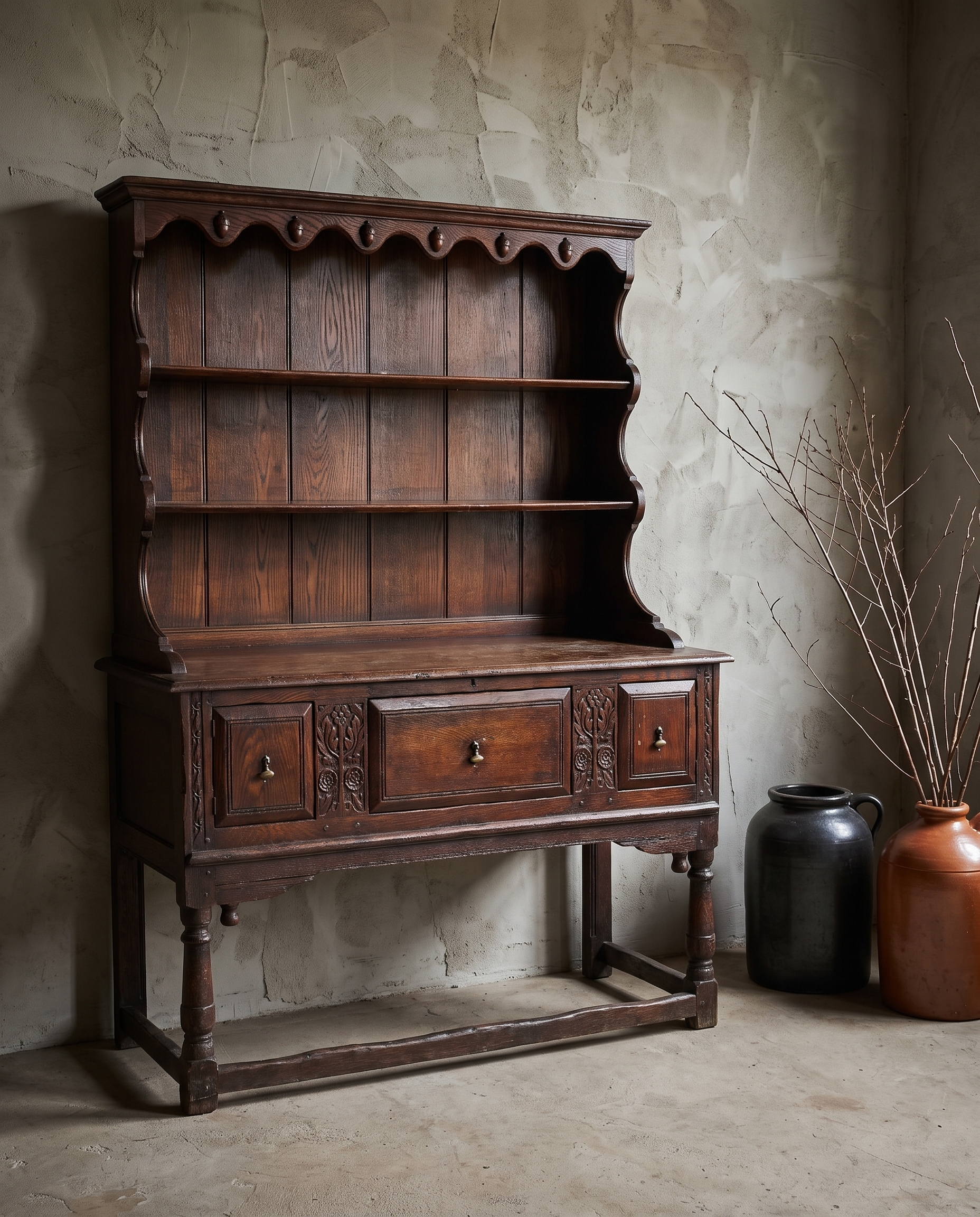 Antique oak Welsh dresser in a greige plaster room, without linen drape, styled with stoneware vessels and dried branches