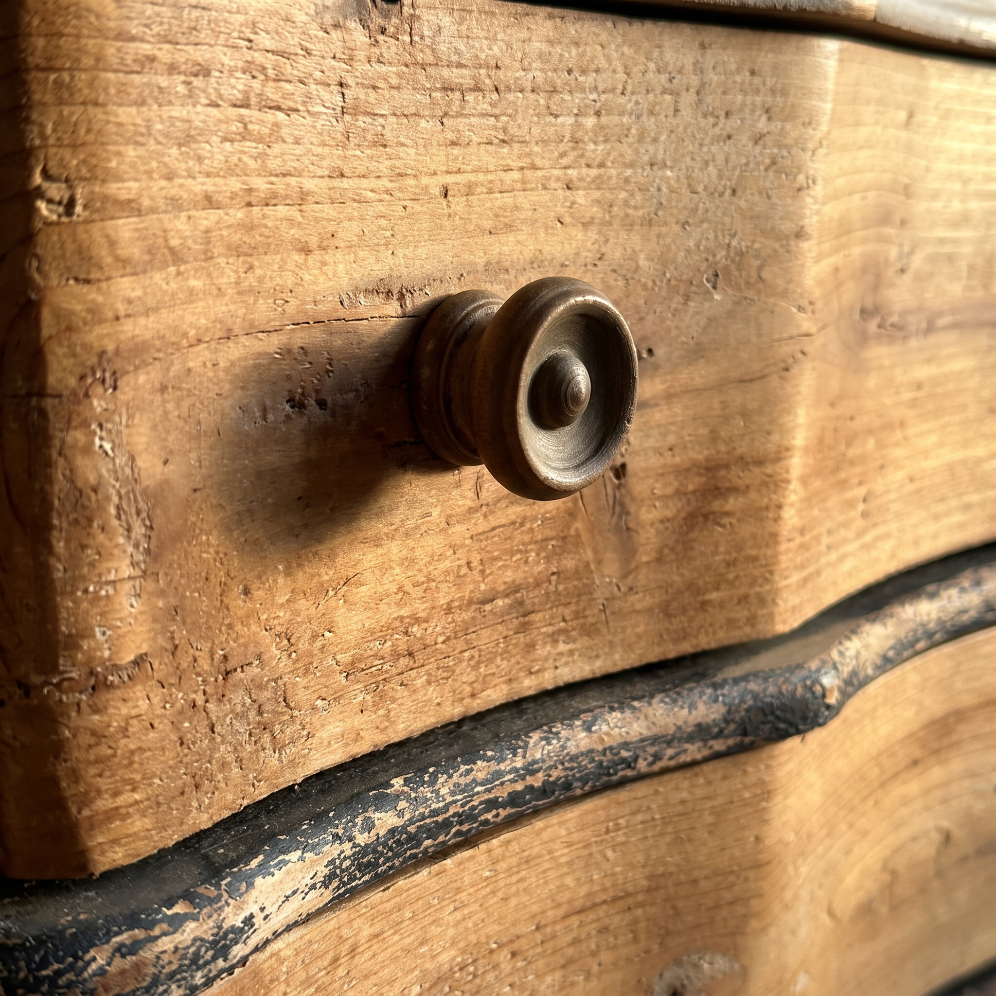 Detail of a turned wood knob and the black distressed trim on The Curvy Dresser
